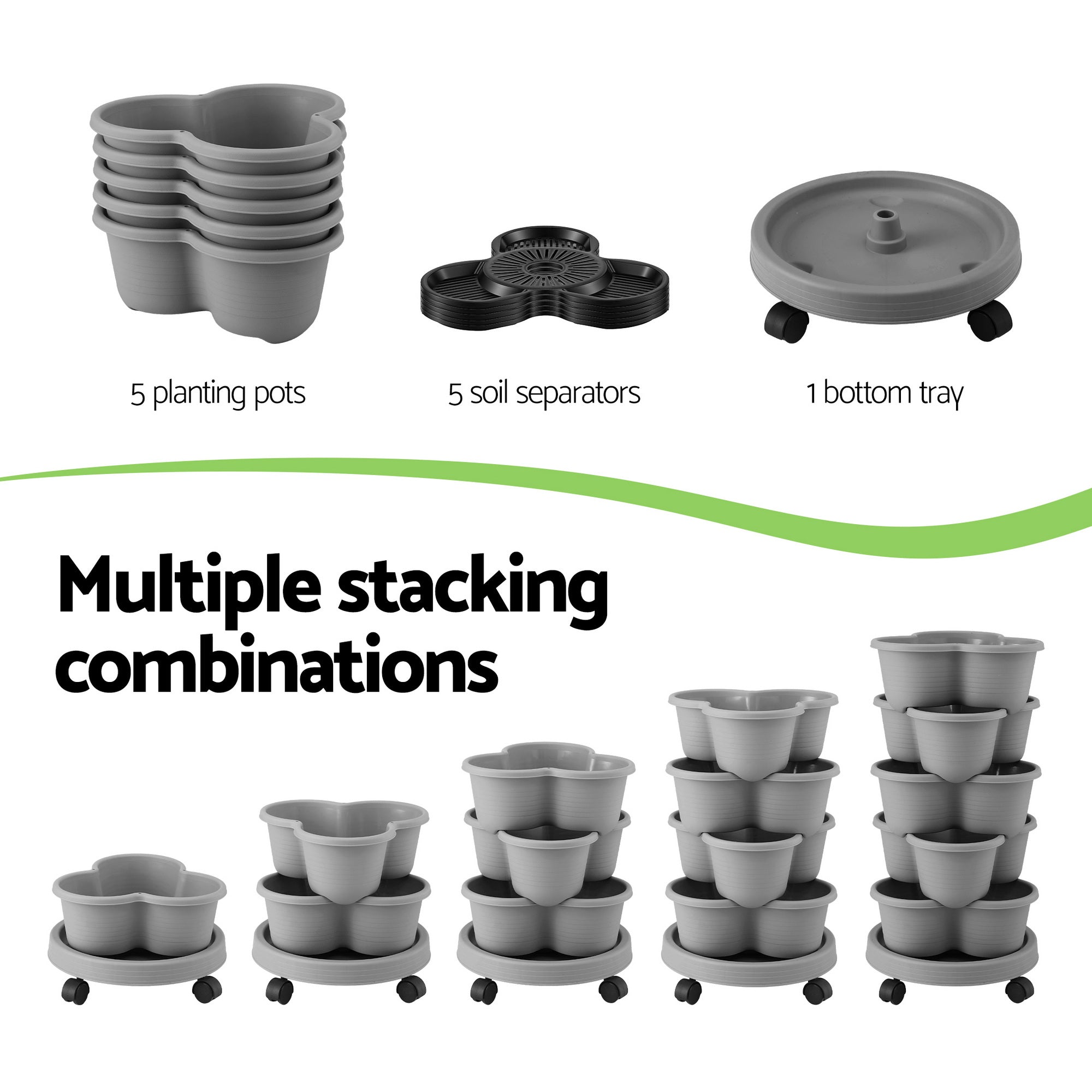 Green Fingers 5 Tier Vertical Garden Planter, Stackable Planters with 4 Wheels, Grey, Raised Garden Bed, Garden Tower Indoor Outdoor, Auto Drainage Sy