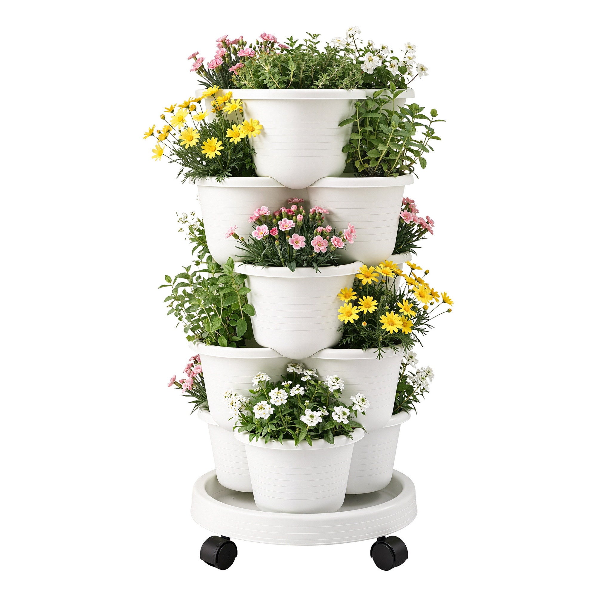 Green Fingers 5 Tier Vertical Garden Planter, Stackable Planters with Wheels, White, Garden Bed, Garden Tower Indoor Outdoor, Auto Drainage System, fo