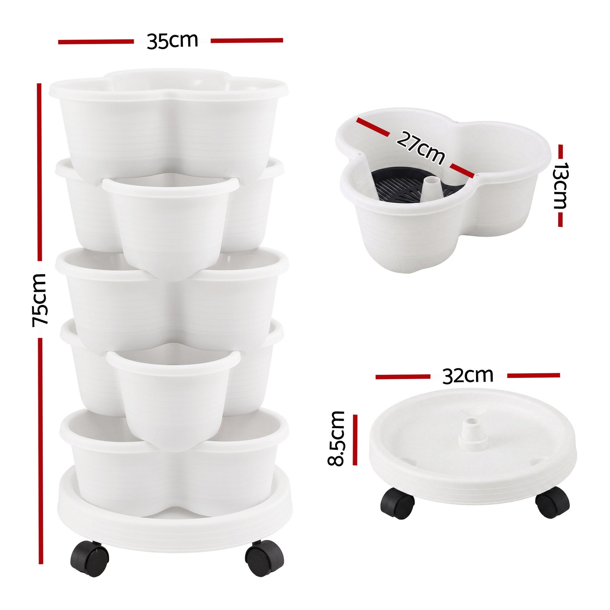 Green Fingers 5 Tier Vertical Garden Planter, Stackable Planters with Wheels, White, Garden Bed, Garden Tower Indoor Outdoor, Auto Drainage System, fo