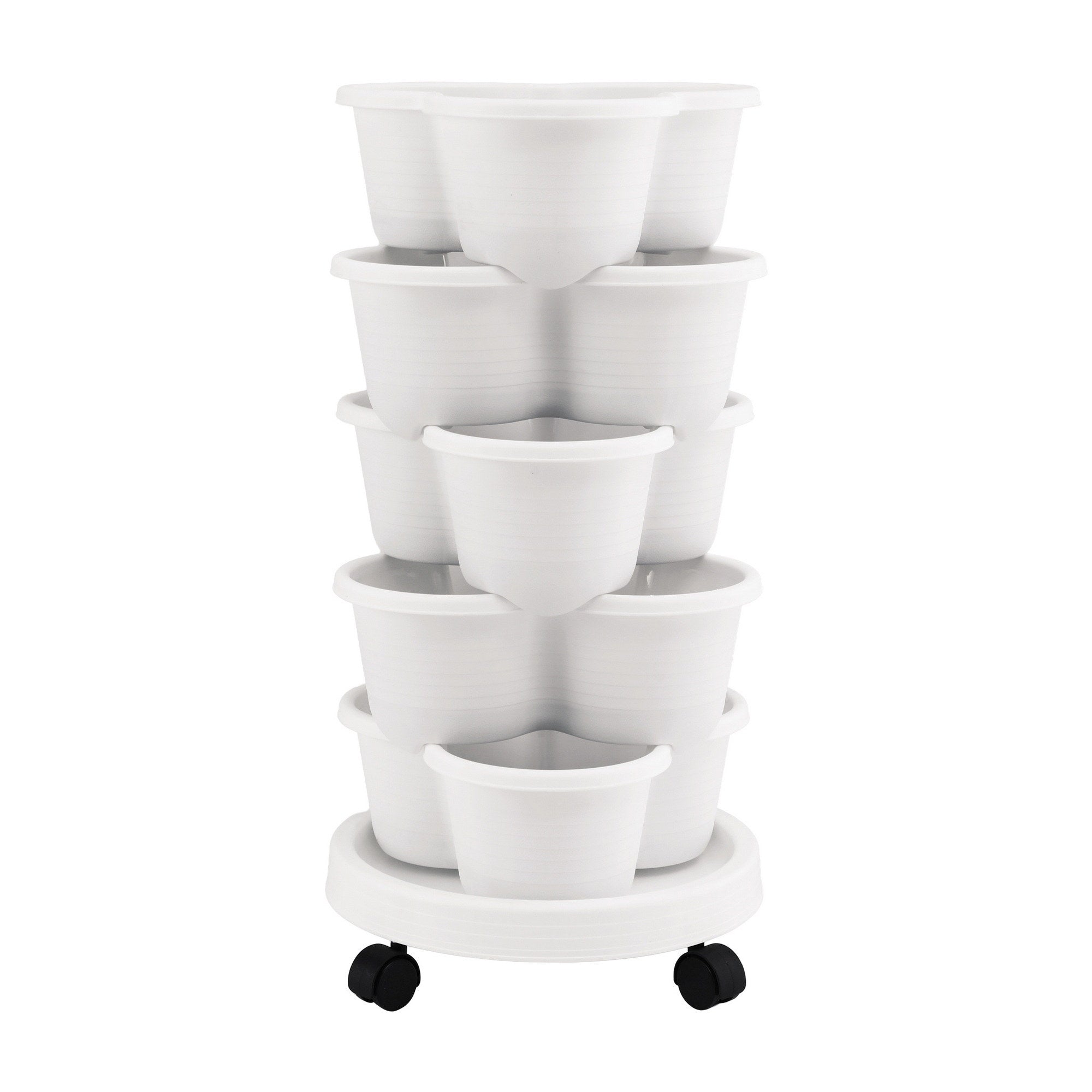 Green Fingers 5 Tier Vertical Garden Planter, Stackable Planters with Wheels, White, Garden Bed, Garden Tower Indoor Outdoor, Auto Drainage System, fo