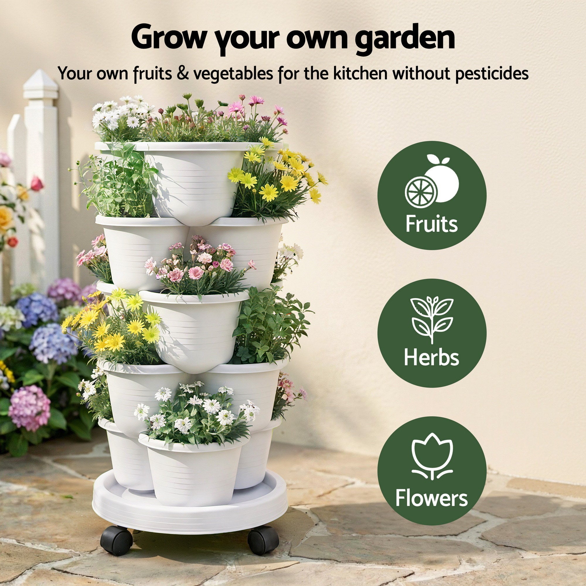 Green Fingers 5 Tier Vertical Garden Planter, Stackable Planters with Wheels, White, Garden Bed, Garden Tower Indoor Outdoor, Auto Drainage System, fo