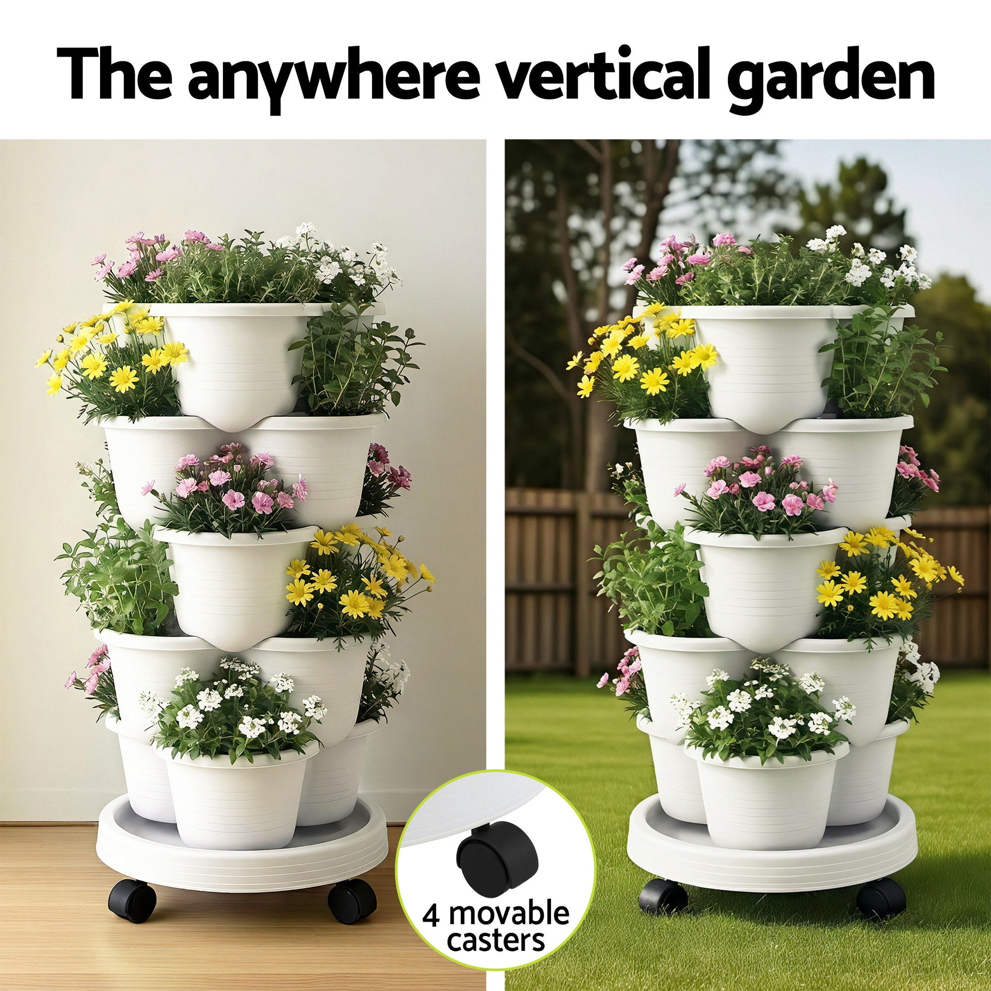 Green Fingers 5 Tier Vertical Garden Planter, Stackable Planters with Wheels, White, Garden Bed, Garden Tower Indoor Outdoor, Auto Drainage System, fo