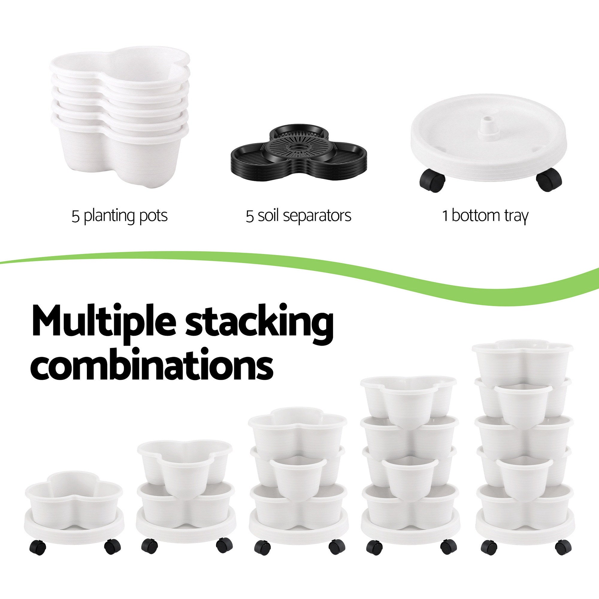 Green Fingers 5 Tier Vertical Garden Planter, Stackable Planters with Wheels, White, Garden Bed, Garden Tower Indoor Outdoor, Auto Drainage System, fo