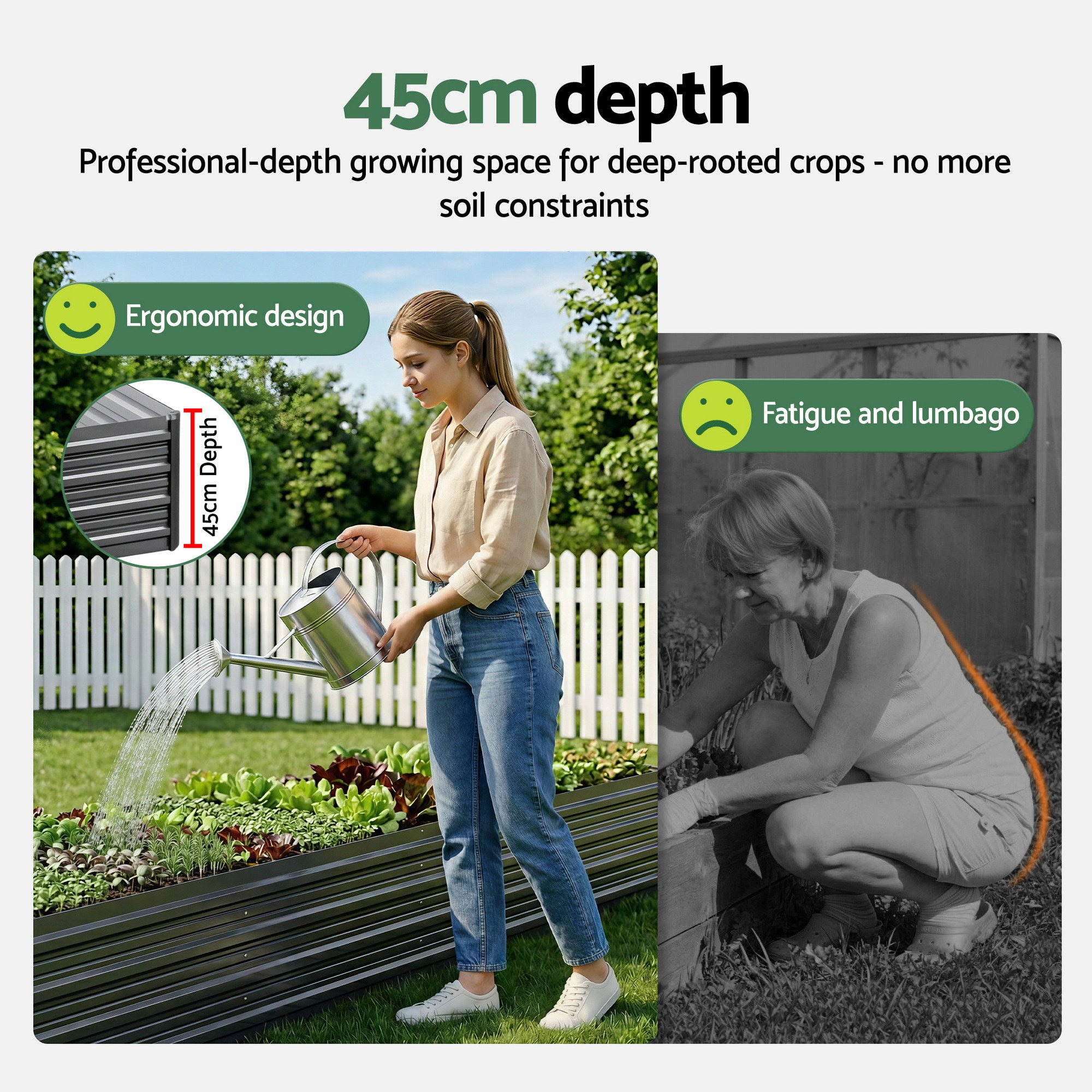 Green Fingers 2-in-1 Raised Garden Bed Kit Ergonomic 45cm Professional Depth