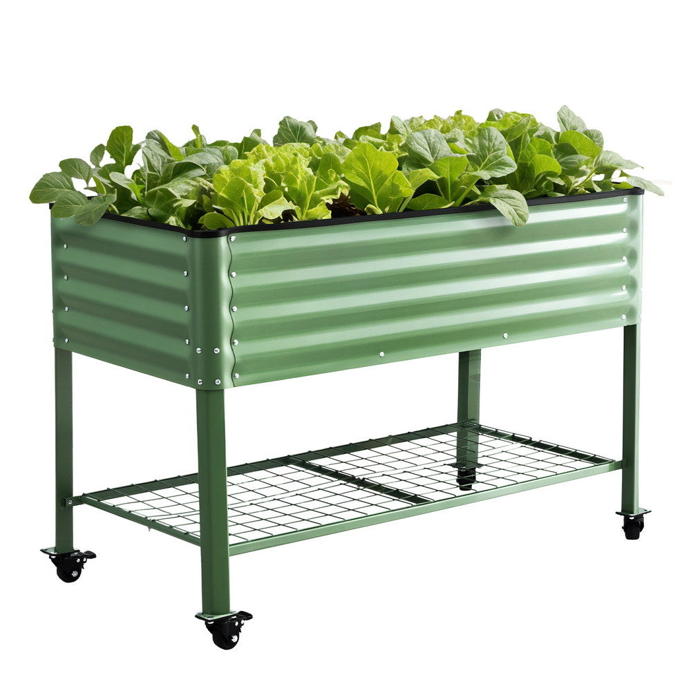Green Fingers Elevated Raised Garden Bed Kit Mobile w/Locking Wheels & Storage Shelf 100KG Max Load 115x60x81cm | Galvanized Steel, Portable Green Organizer for Seniors, Patio,