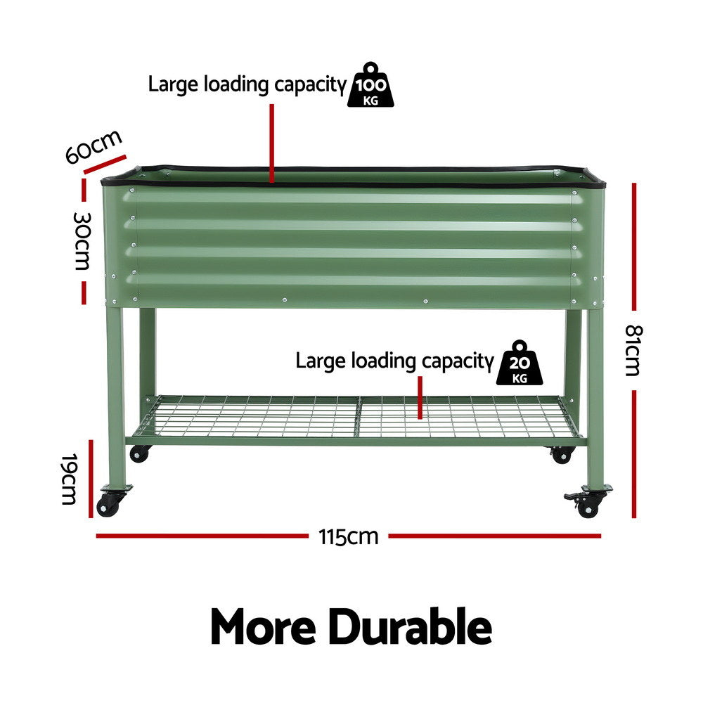 Green Fingers Elevated Raised Garden Bed Kit Mobile w/Locking Wheels & Storage Shelf 100KG Max Load 115x60x81cm | Galvanized Steel, Portable Green Organizer for Seniors, Patio,