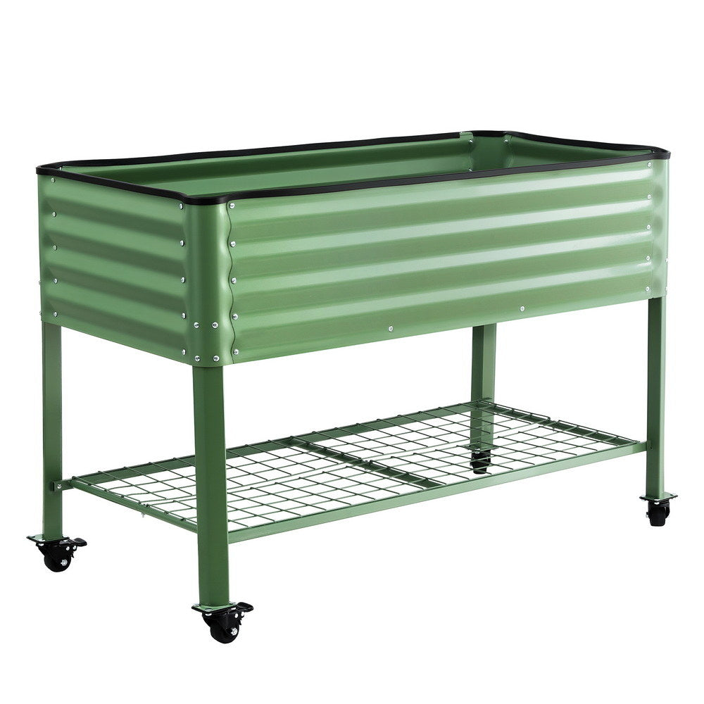 Green Fingers Elevated Raised Garden Bed Kit Mobile w/Locking Wheels & Storage Shelf 100KG Max Load 115x60x81cm | Galvanized Steel, Portable Green Organizer for Seniors, Patio,