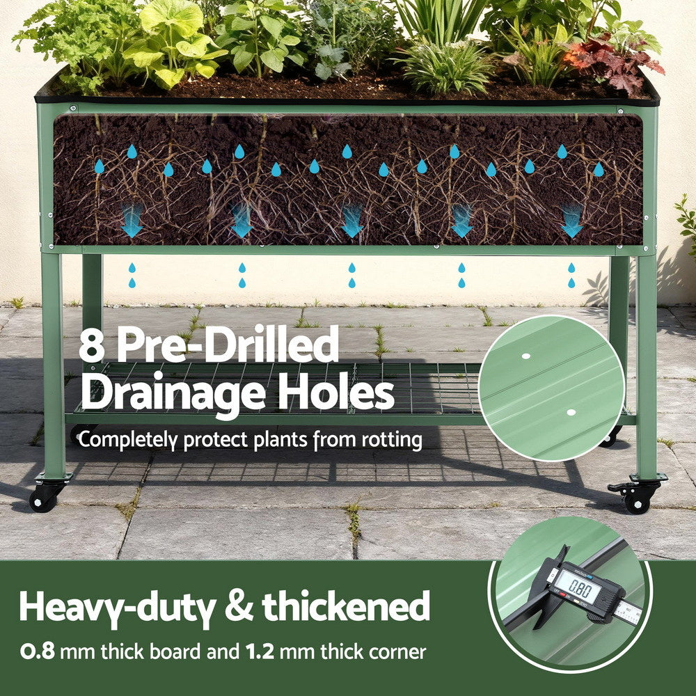 Green Fingers Elevated Raised Garden Bed Kit Mobile w/Locking Wheels & Storage Shelf 100KG Max Load 115x60x81cm | Galvanized Steel, Portable Green Organizer for Seniors, Patio,