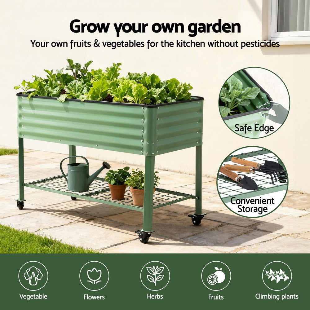 Green Fingers Elevated Raised Garden Bed Kit Mobile w/Locking Wheels & Storage Shelf 100KG Max Load 115x60x81cm | Galvanized Steel, Portable Green Organizer for Seniors, Patio,