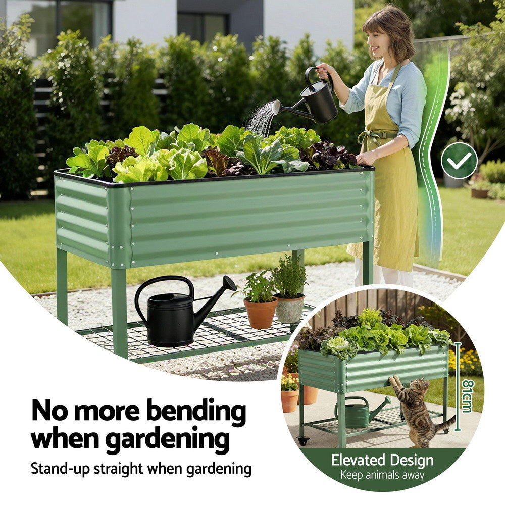 Green Fingers Elevated Raised Garden Bed Kit Mobile w/Locking Wheels & Storage Shelf 100KG Max Load 115x60x81cm | Galvanized Steel, Portable Green Organizer for Seniors, Patio,