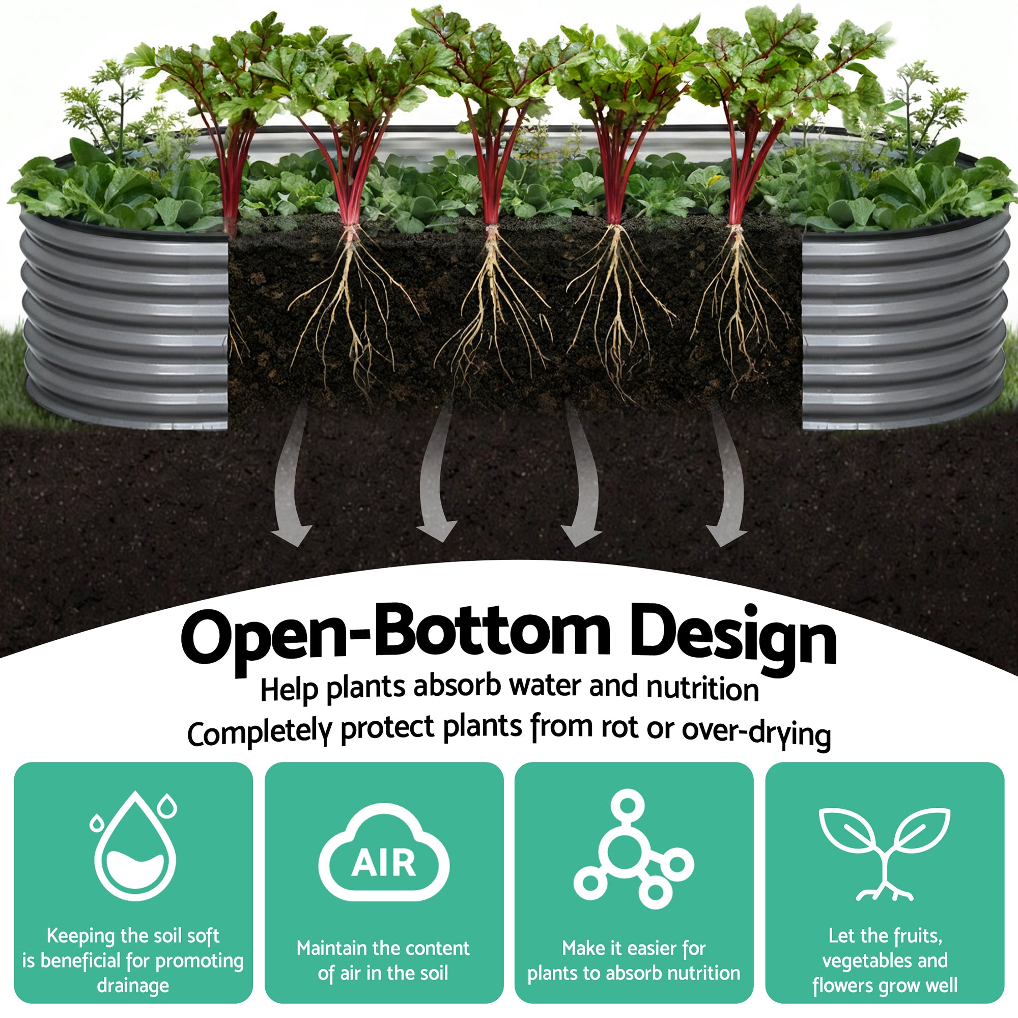 Green Fingers 3 Pcs Raised Garden Bed Kit Oval Galvanized Steel Planter Boxes 160x80x42cm, Heavy Duty Metal Elevated Garden Bed for Vegetables Flowers