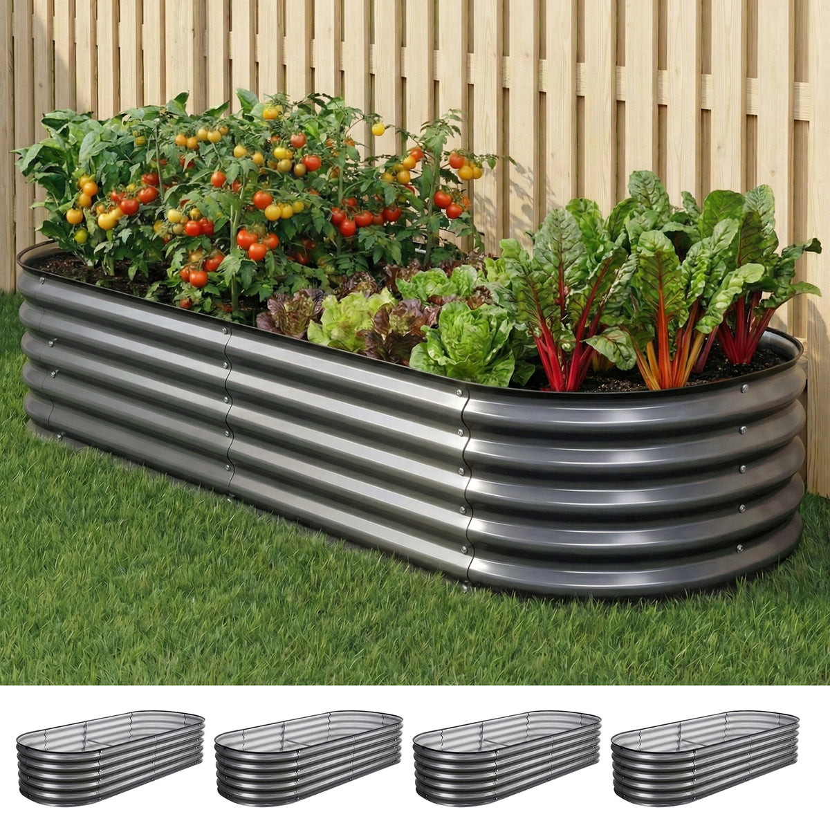 Green Fingers 4 Pcs Raised Garden Bed Kit Oval Galvanized Steel Planter Boxes 160x80x42cm, Heavy Duty Metal Elevated Garden Bed for Vegetables Flowers
