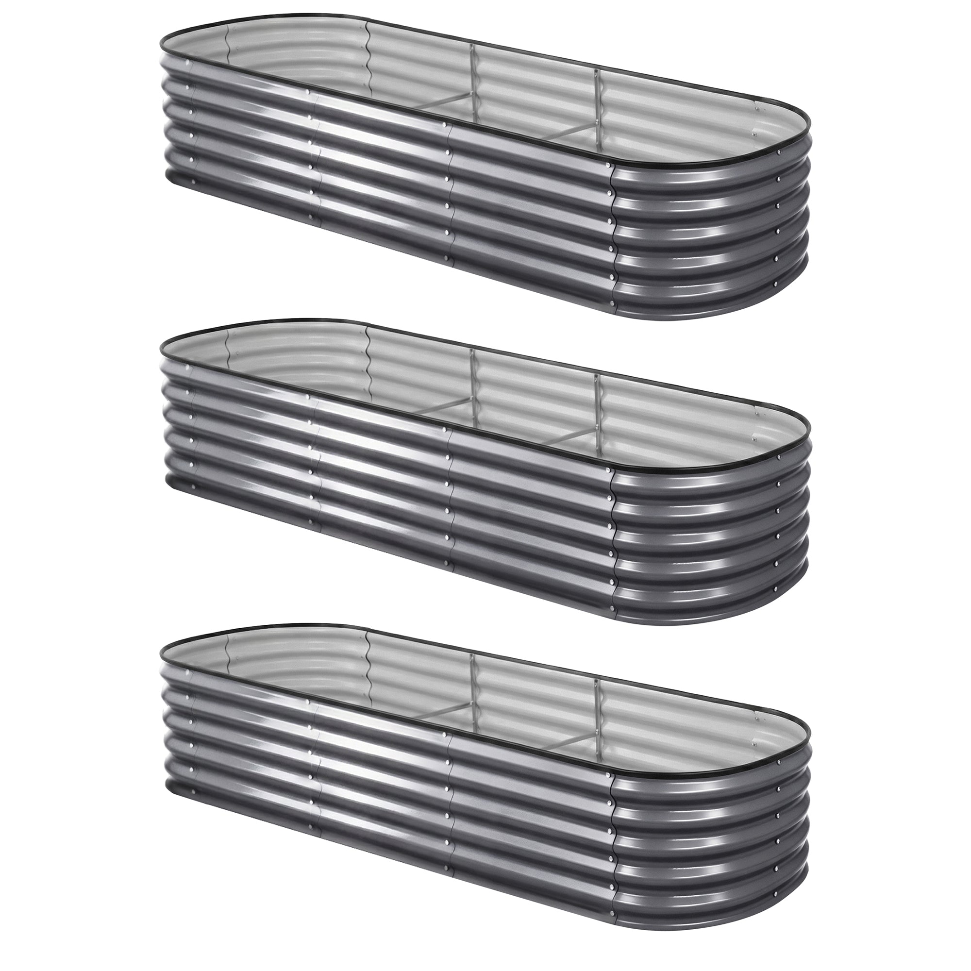 Green Fingers 3 Pcs Raised Garden Bed Kit Oval Galvanized Steel Planter Boxes 240x80x42cm, Heavy Duty Metal Elevated Garden Bed for Vegetables Flowers