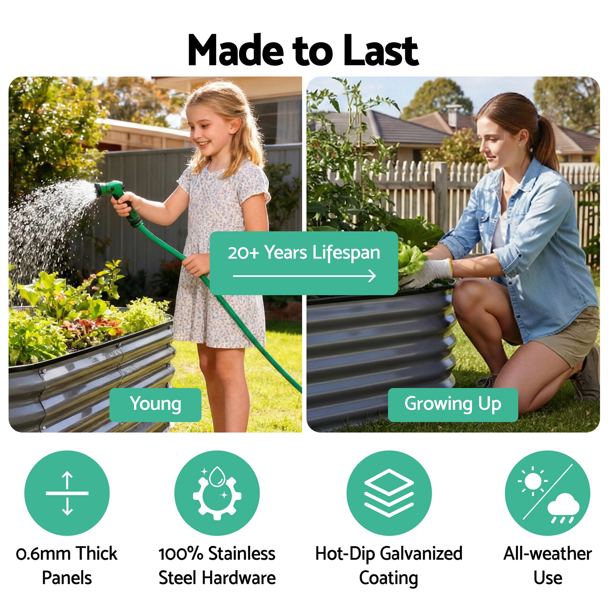 Green Fingers 3 Pcs Raised Garden Bed Kit Oval Galvanized Steel Planter Boxes 240x80x42cm, Heavy Duty Metal Elevated Garden Bed for Vegetables Flowers