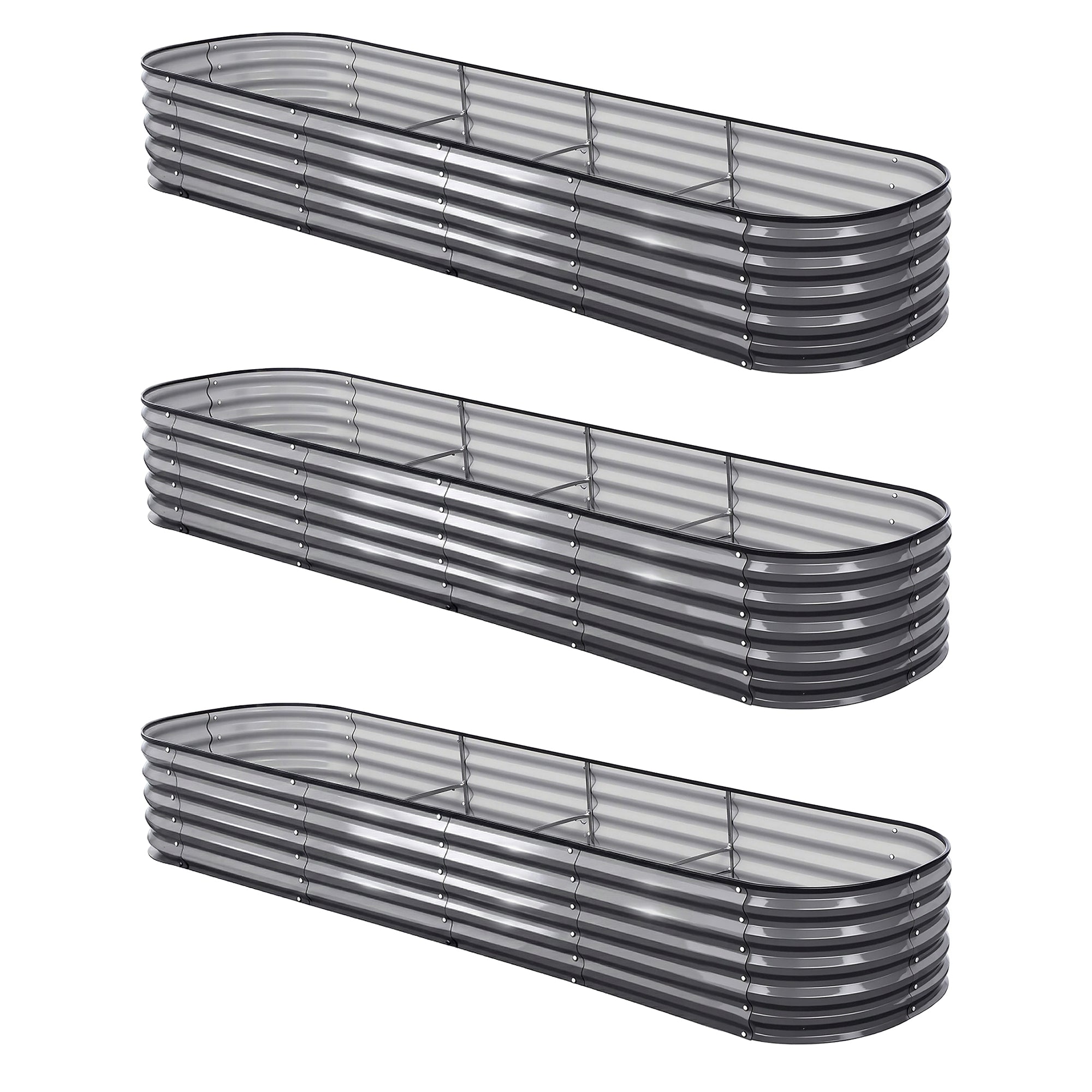 Green Fingers 3 Pcs Raised Garden Bed Kit Oval Galvanized Steel Planter Boxes 320x80x42cm, Heavy Duty Metal Elevated Garden Bed for Vegetables Flowers