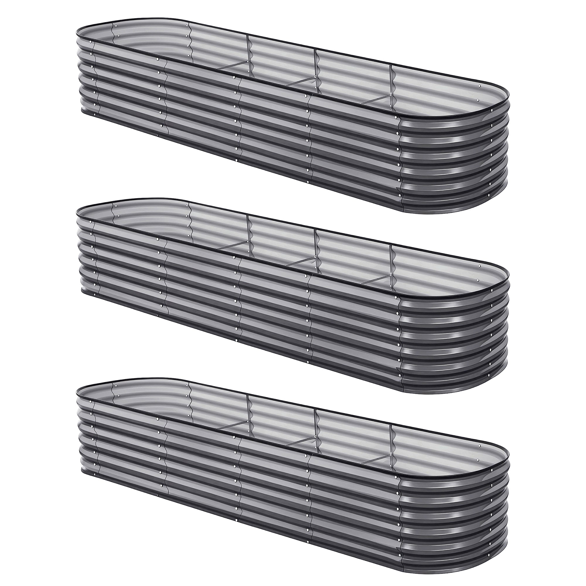 Green Fingers 3 Pcs Raised Garden Bed Kit Oval Galvanized Steel Planter Boxes 320x80x56cm, Heavy Duty Metal Elevated Garden Bed for Vegetables Flowers
