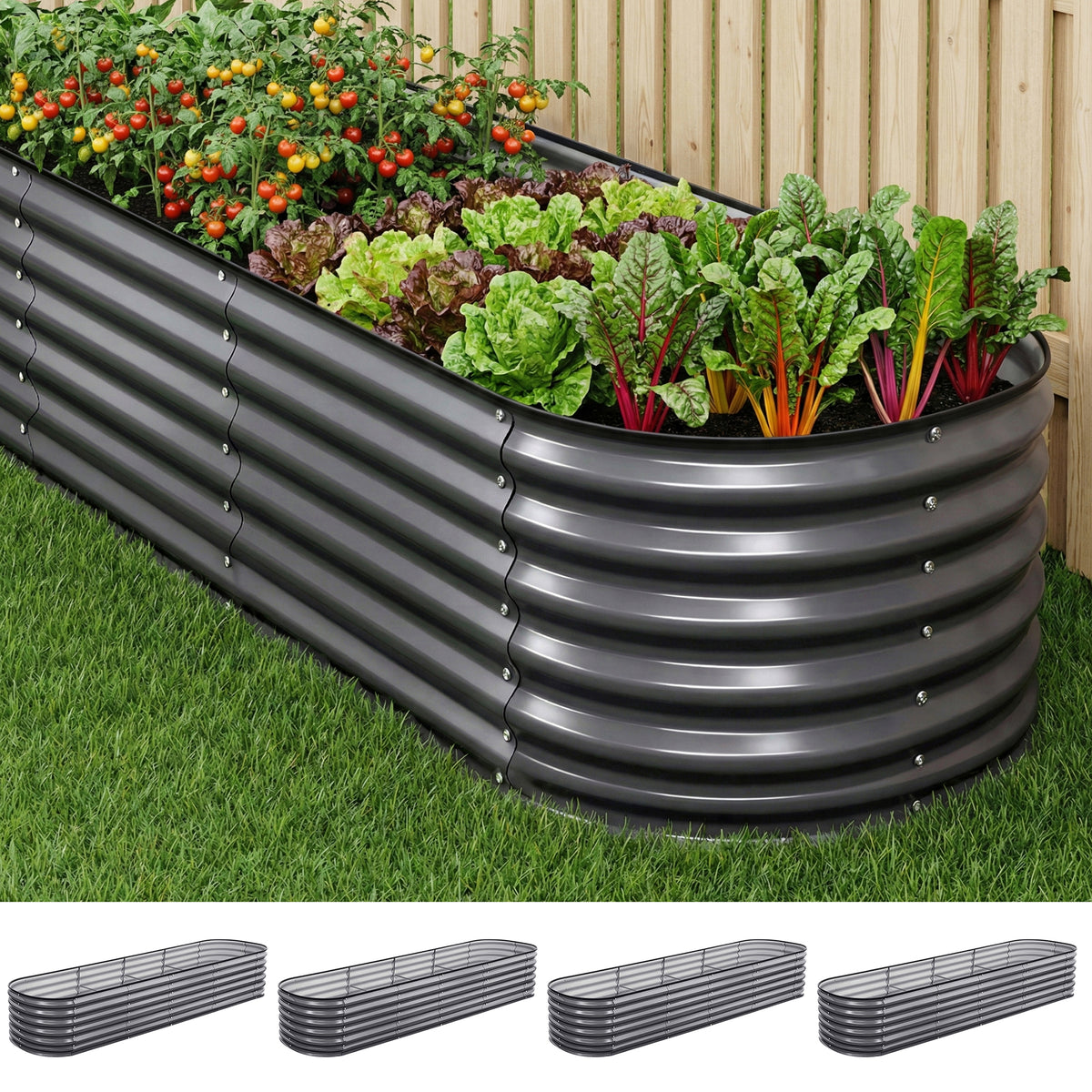 Green Fingers 4 Pcs Raised Garden Bed Kit Oval Galvanized Steel Planter Boxes 320x80x56cm, Heavy Duty Metal Elevated Garden Bed for Vegetables Flowers