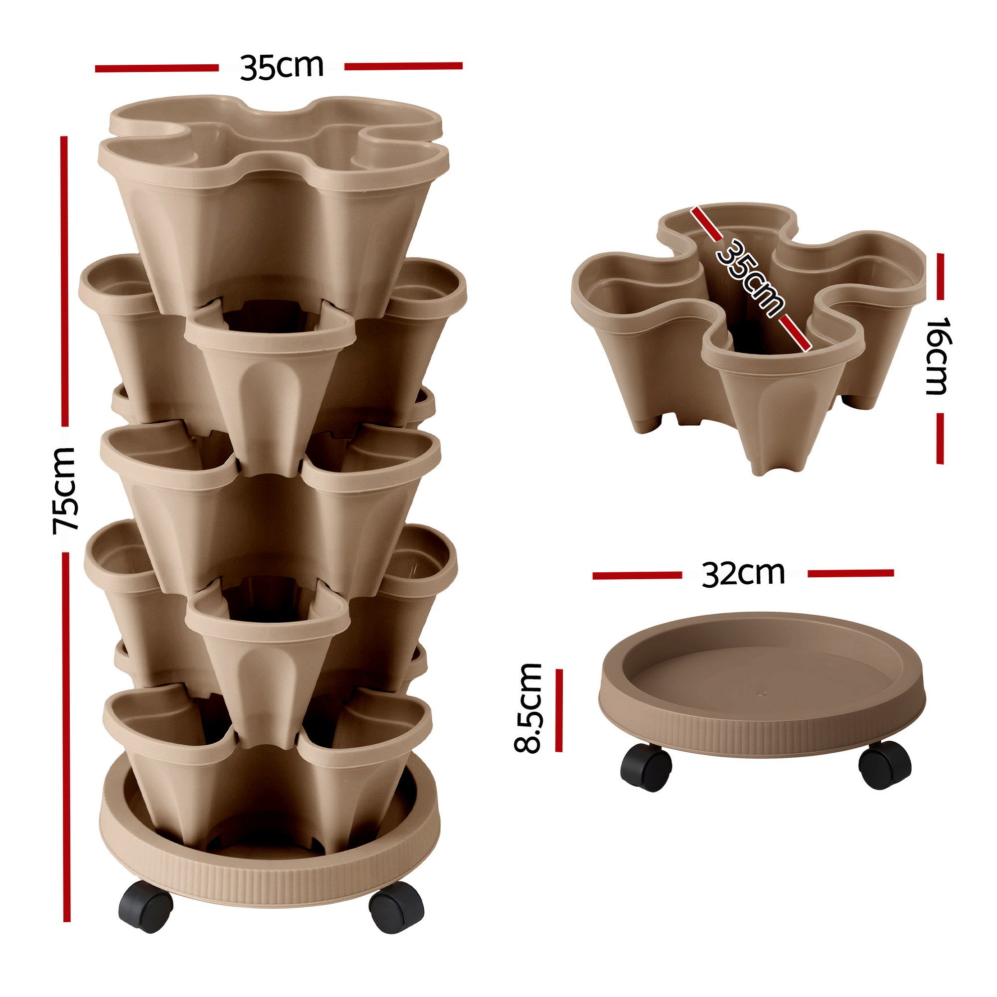 Green Fingers Garden Bed 5 Tier Vertical Garden Grey Strawberry Stackable Planters Herb Petunias Tan - Free Delivery