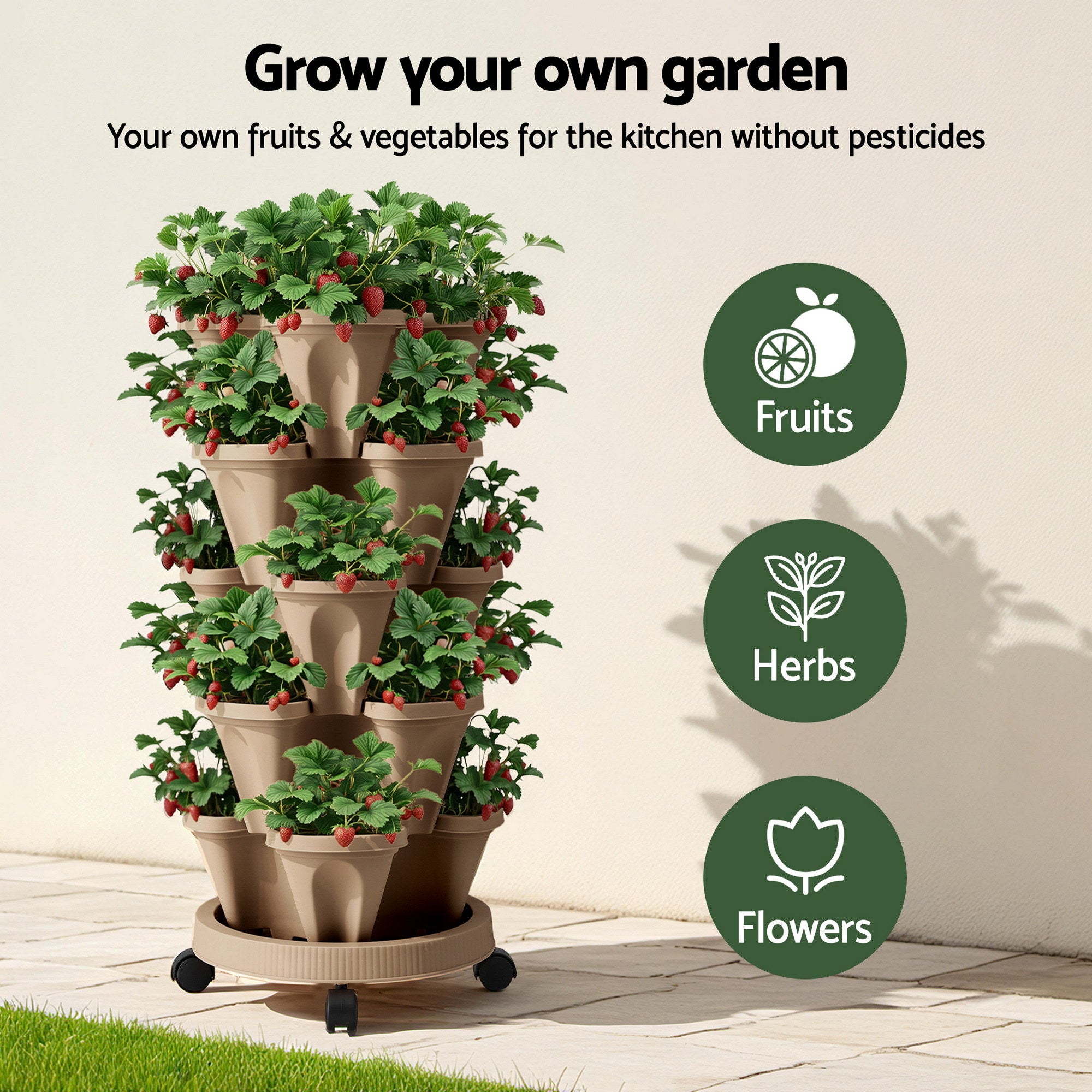Green Fingers Garden Bed 5 Tier Vertical Garden Grey Strawberry Stackable Planters Herb Petunias Tan - Free Delivery