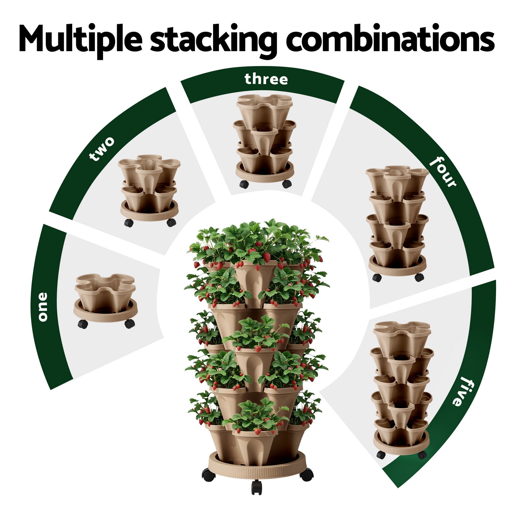 Green Fingers Garden Bed 5 Tier Vertical Garden Grey Strawberry Stackable Planters Herb Petunias Tan - Free Delivery