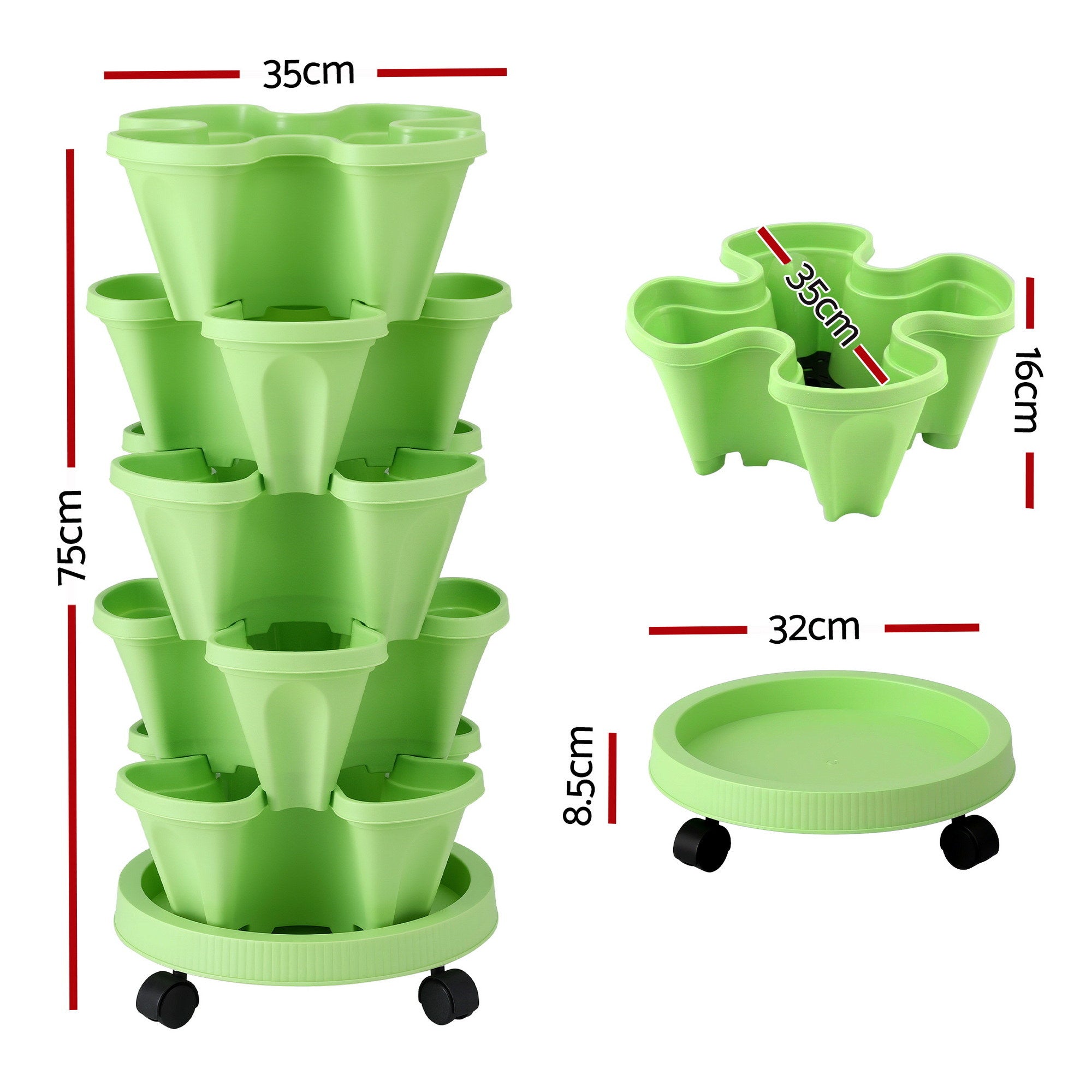 Green Fingers Garden Bed 5 Tier Vertical Garden Grey Strawberry Stackable Planters Herbs Light Green - Free Delivery