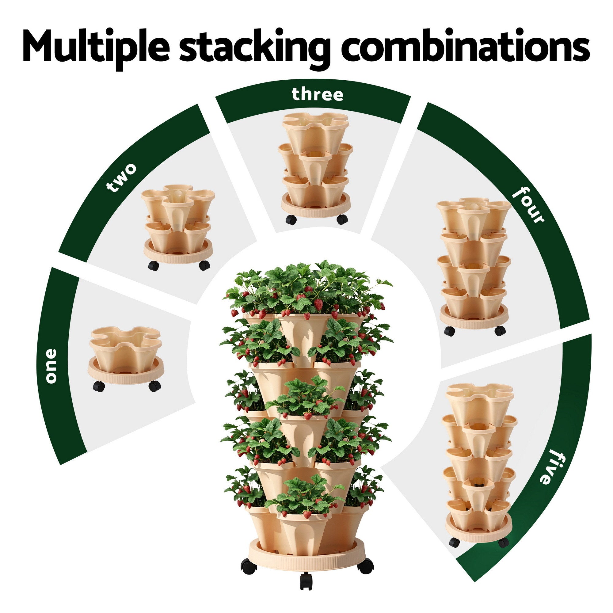 Green Fingers Garden Bed 5 Tier Vertical Garden Grey Strawberry Stackable Planters Herbs Beige - Free Delivery