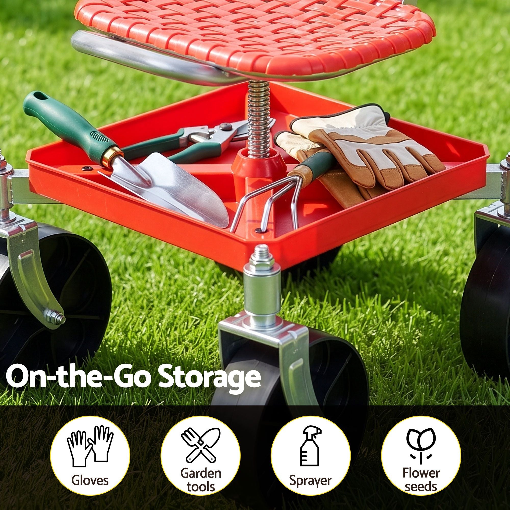 Gardeon Garden Cart Seat Rolling Stool 360 Swivel Height Adjustable Heavy Duty Red