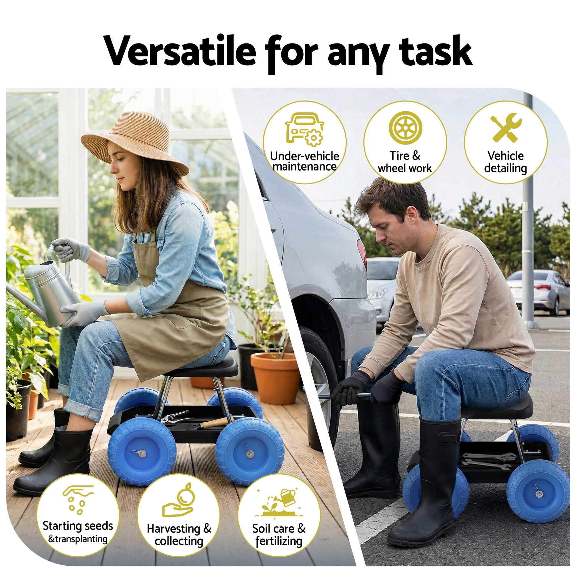 Gardeon Garden Cart Seat with Wheels, Rolling Work Stool with Tool Storage Tray, 440lbs (200kg) Heavy Duty Capacity Garden Stool for Outdoor Yard Work