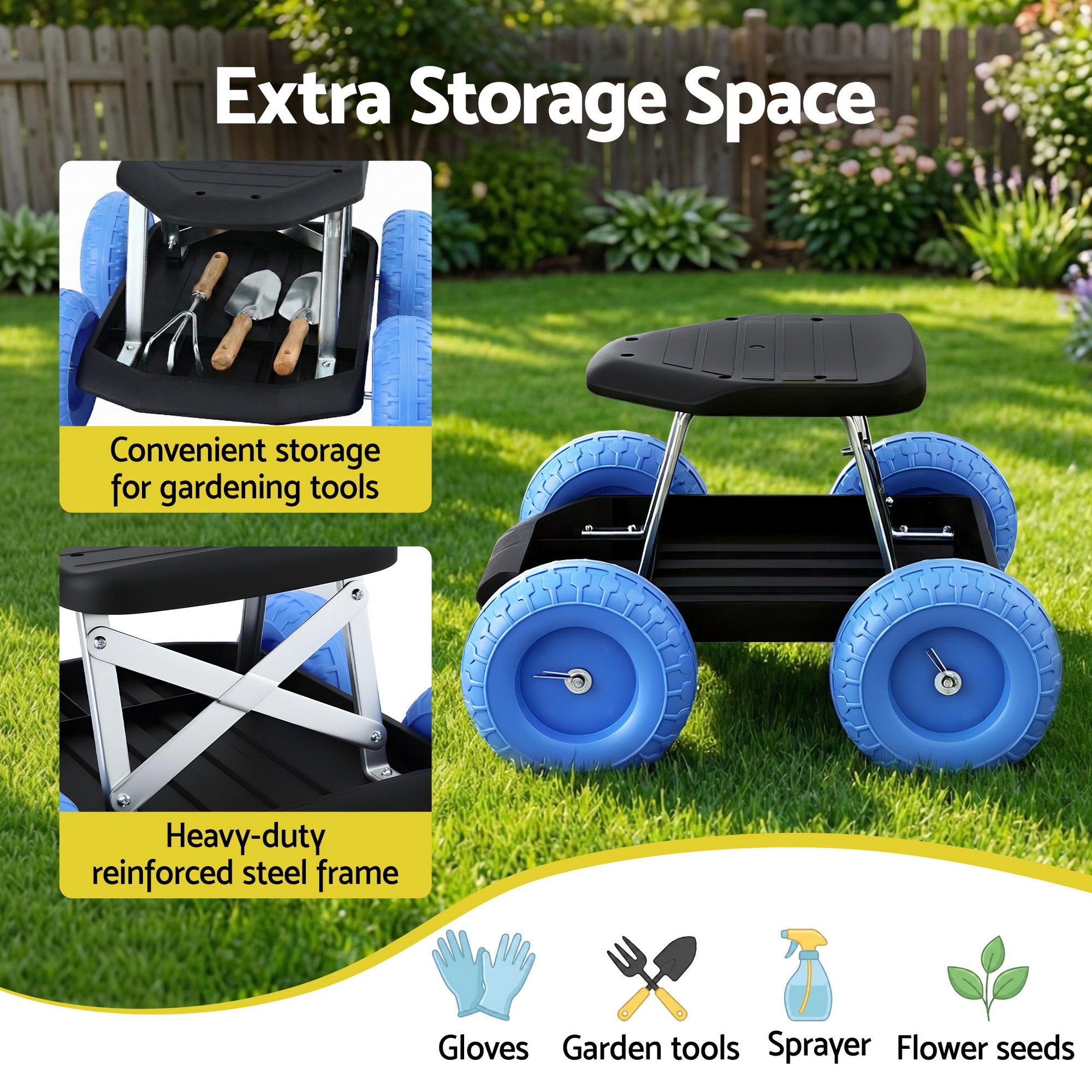 Gardeon Garden Cart Seat with Wheels, Rolling Work Stool with Tool Storage Tray, 440lbs (200kg) Heavy Duty Capacity Garden Stool for Outdoor Yard Work