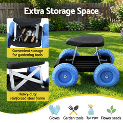 Gardeon Garden Cart Seat with Wheels, Rolling Work Stool with Tool Storage Tray, 440lbs (200kg) Heavy Duty Capacity Garden Stool for Outdoor Yard Work