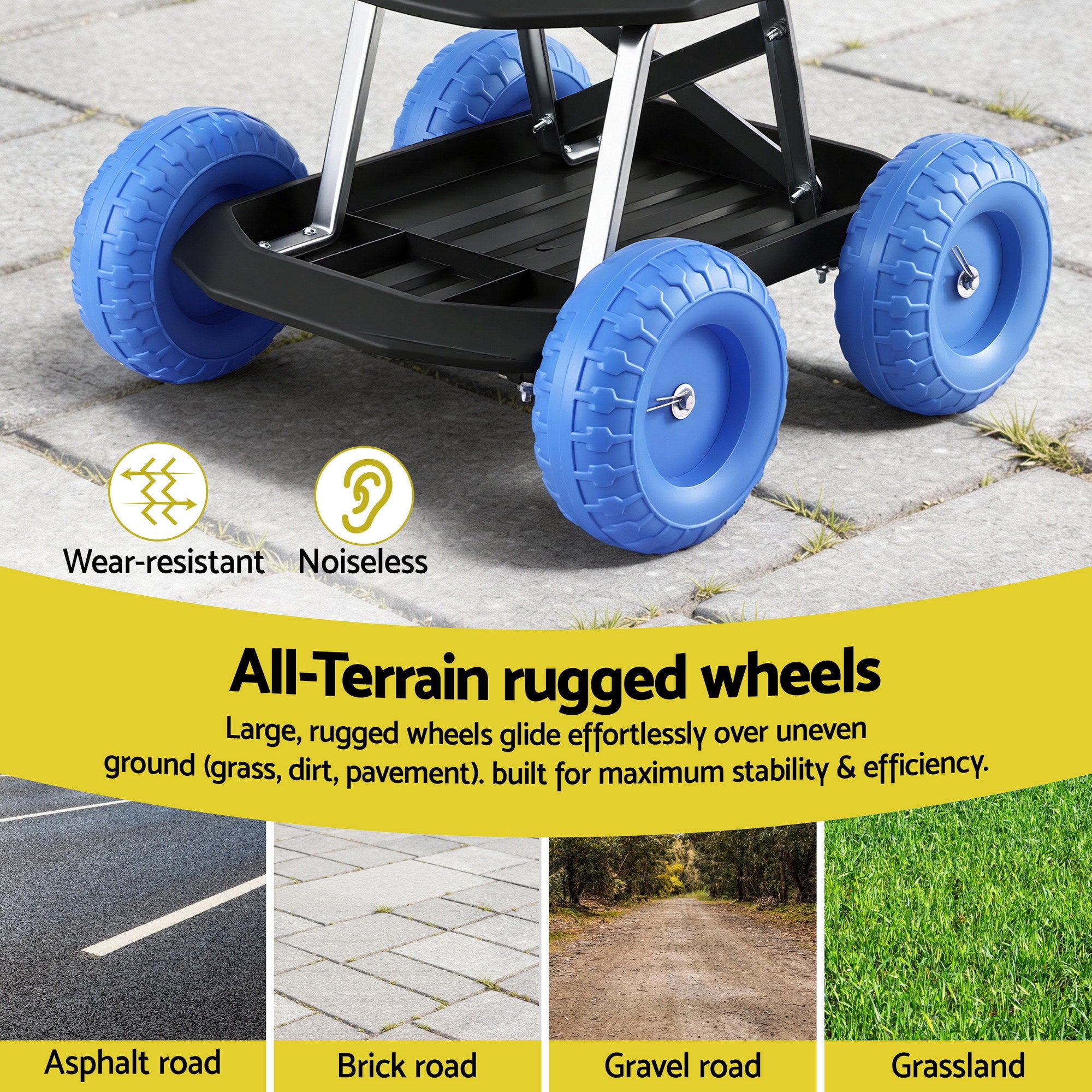 Gardeon Garden Cart Seat with Wheels, Rolling Work Stool with Tool Storage Tray, 440lbs (200kg) Heavy Duty Capacity Garden Stool for Outdoor Yard Work