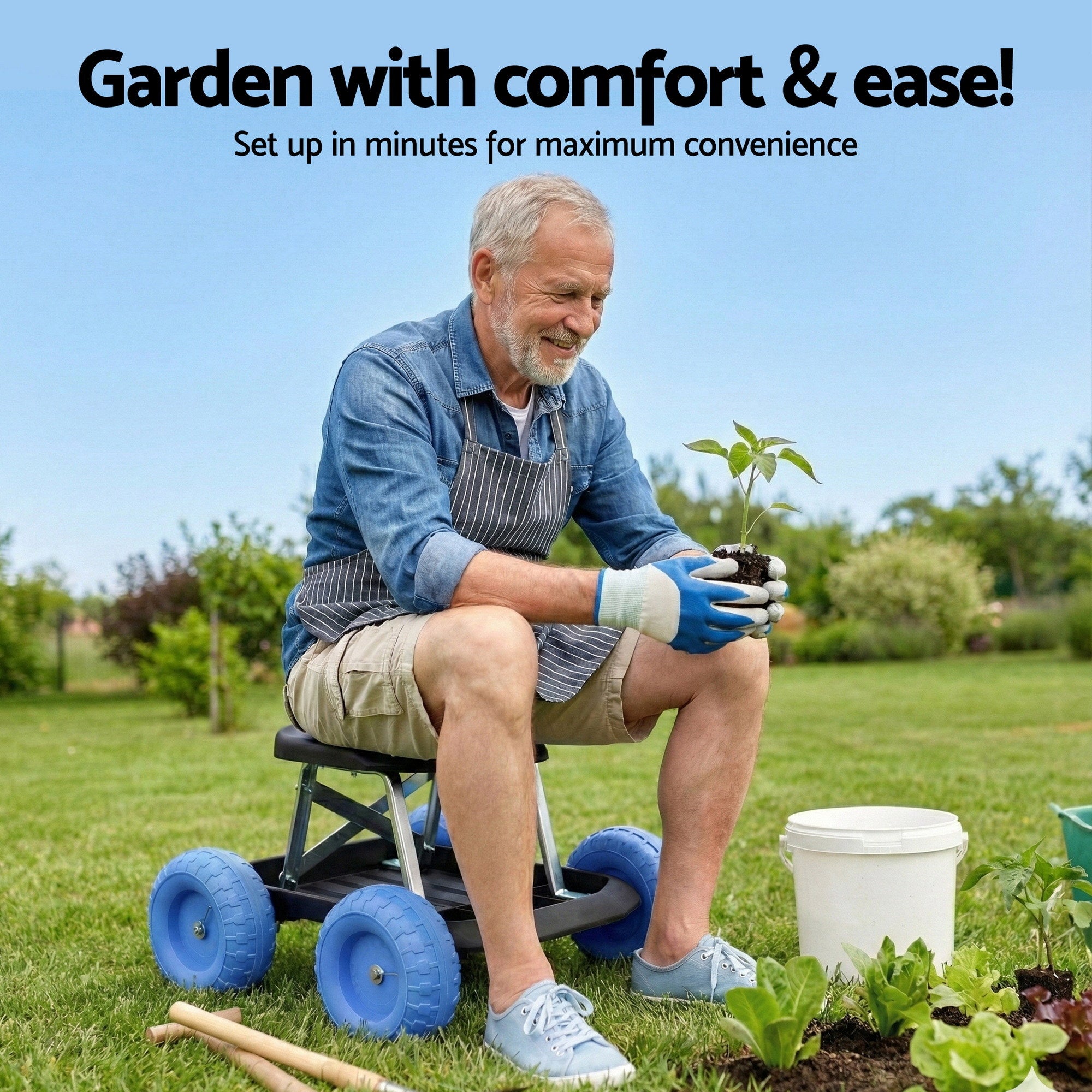 Gardeon Garden Cart Seat with Wheels, Rolling Work Stool with Tool Storage Tray, 440lbs (200kg) Heavy Duty Capacity Garden Stool for Outdoor Yard Work