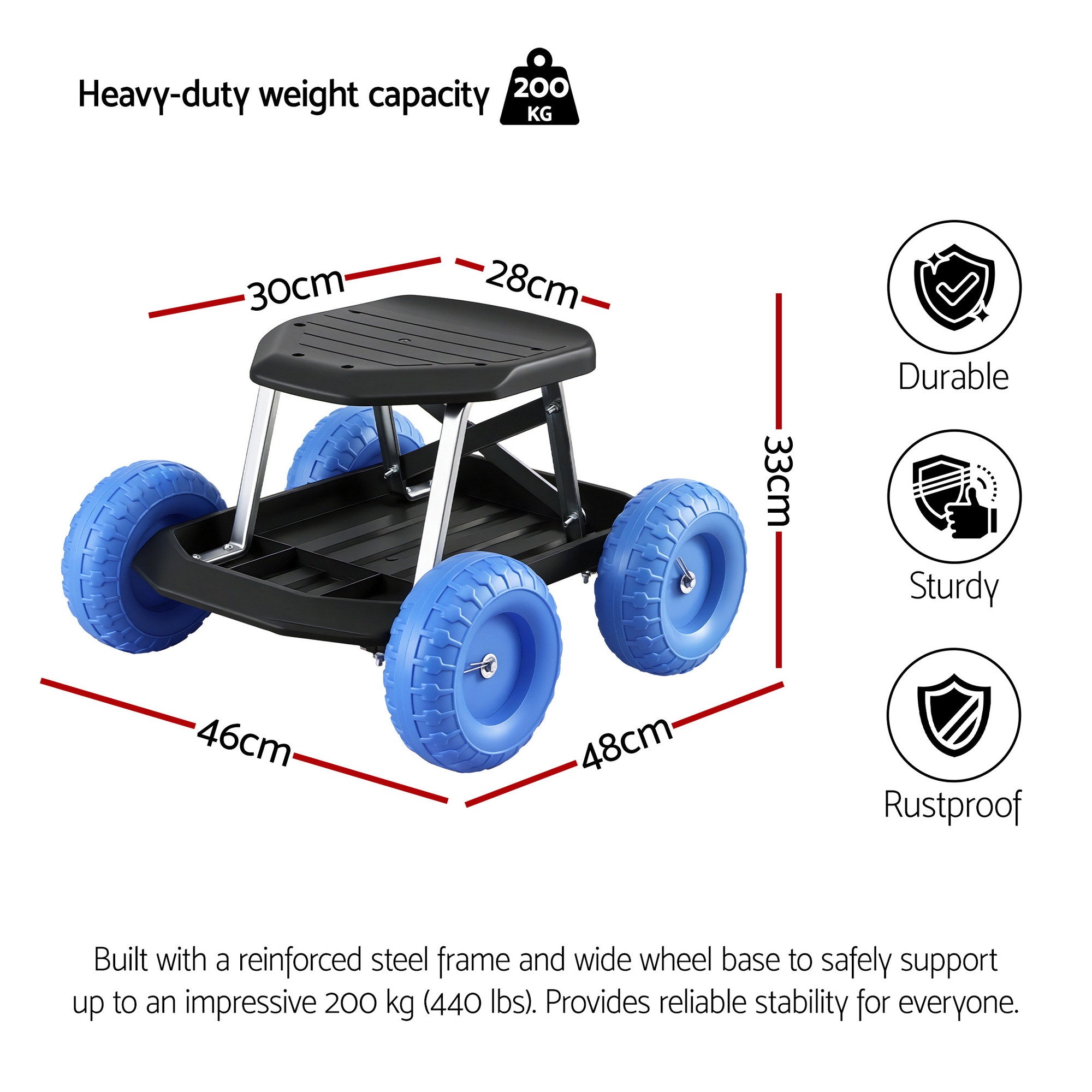 Gardeon Garden Cart Seat with Wheels, Rolling Work Stool with Tool Storage Tray, 440lbs (200kg) Heavy Duty Capacity Garden Stool for Outdoor Yard Work