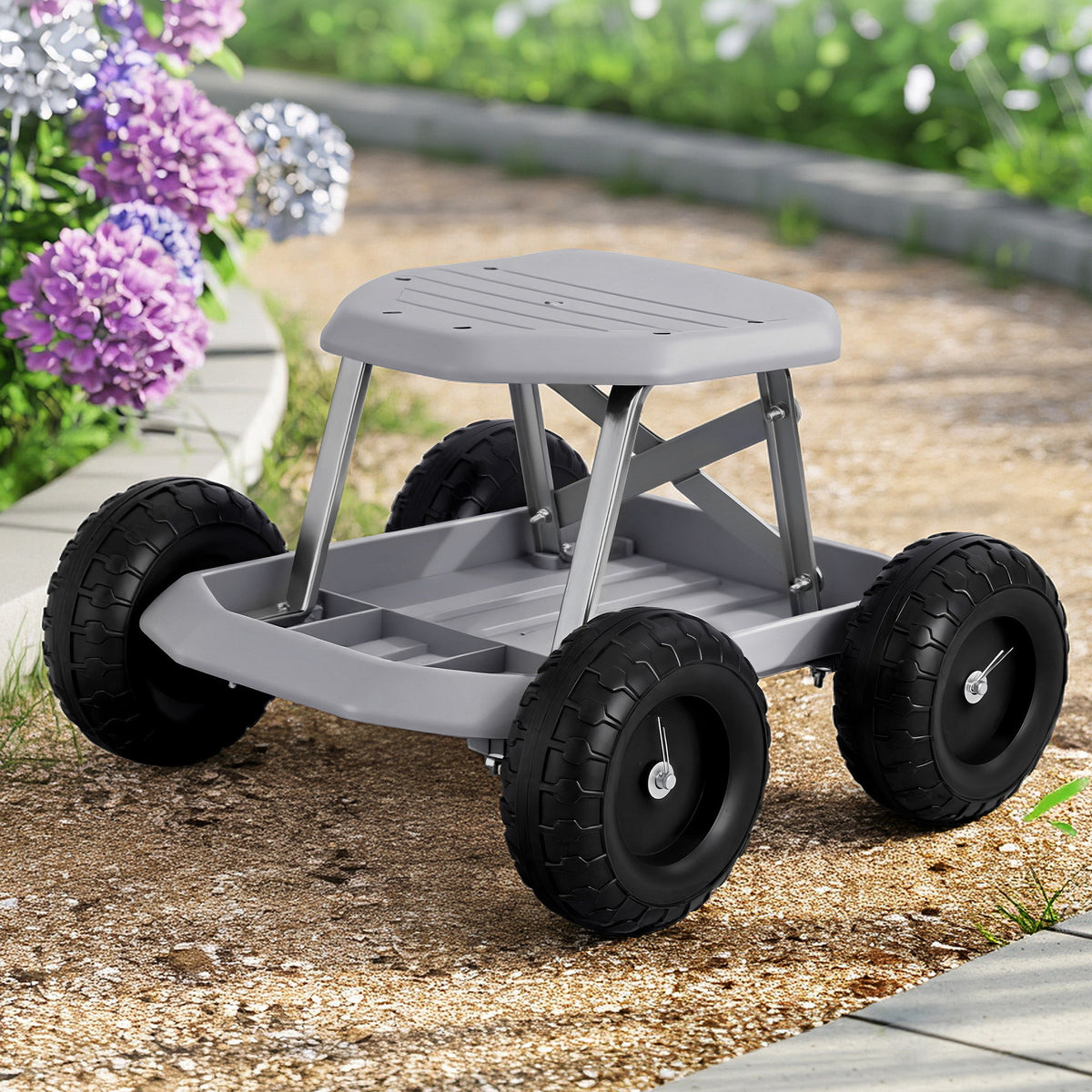 Gardeon Garden Cart Seat with Wheels, Rolling Work Stool with Tool Storage Tray, 440lbs (200kg) Heavy Duty Capacity Garden Stool for Outdoor Yard Work