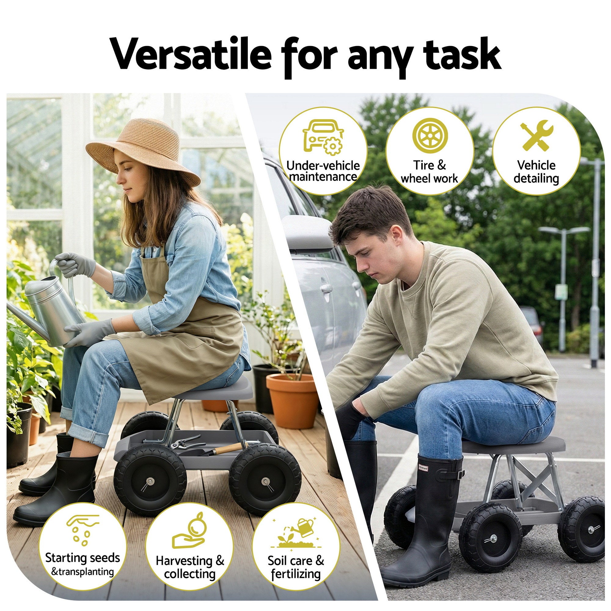 Gardeon Garden Cart Seat with Wheels, Rolling Work Stool with Tool Storage Tray, 440lbs (200kg) Heavy Duty Capacity Garden Stool for Outdoor Yard Work