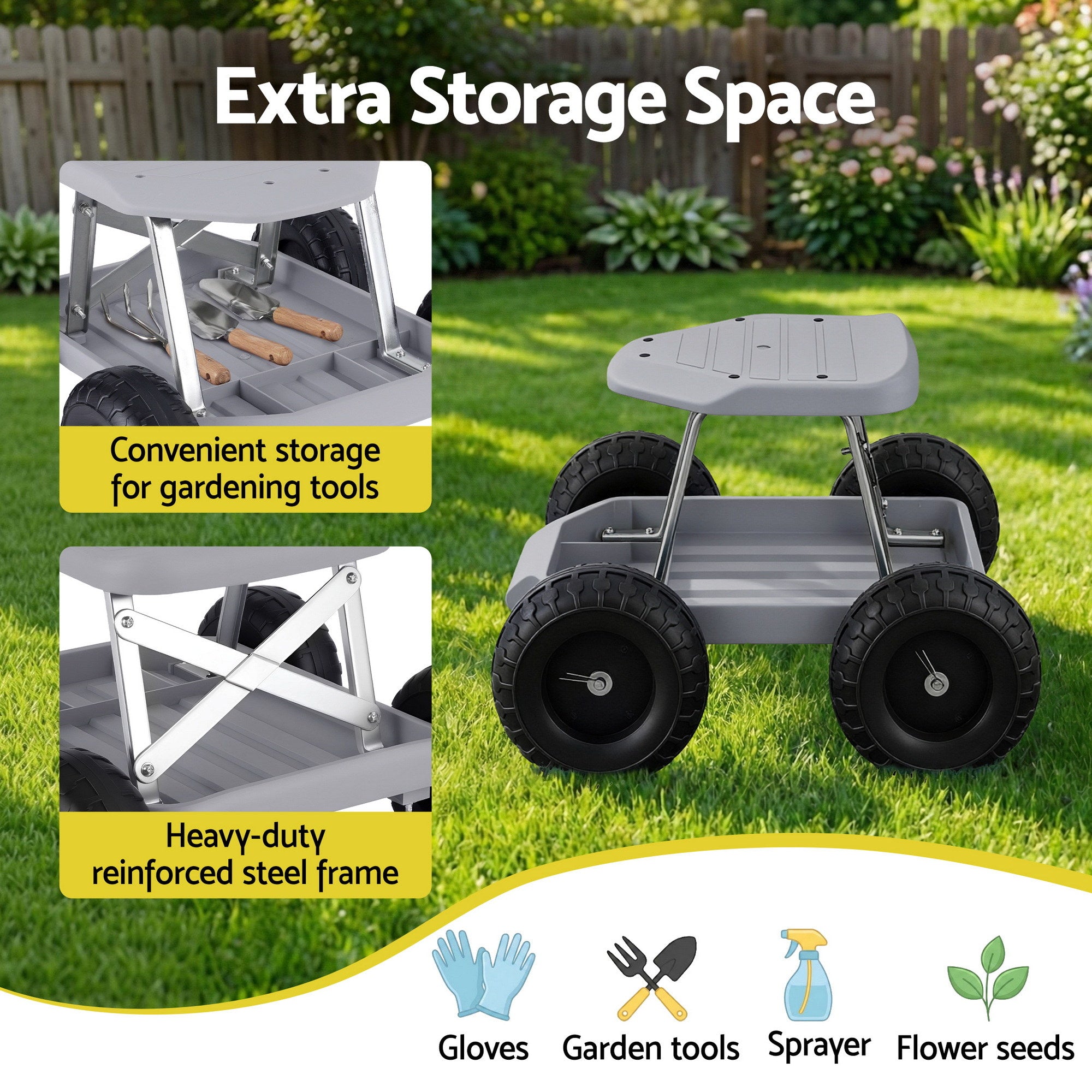 Gardeon Garden Cart Seat with Wheels, Rolling Work Stool with Tool Storage Tray, 440lbs (200kg) Heavy Duty Capacity Garden Stool for Outdoor Yard Work