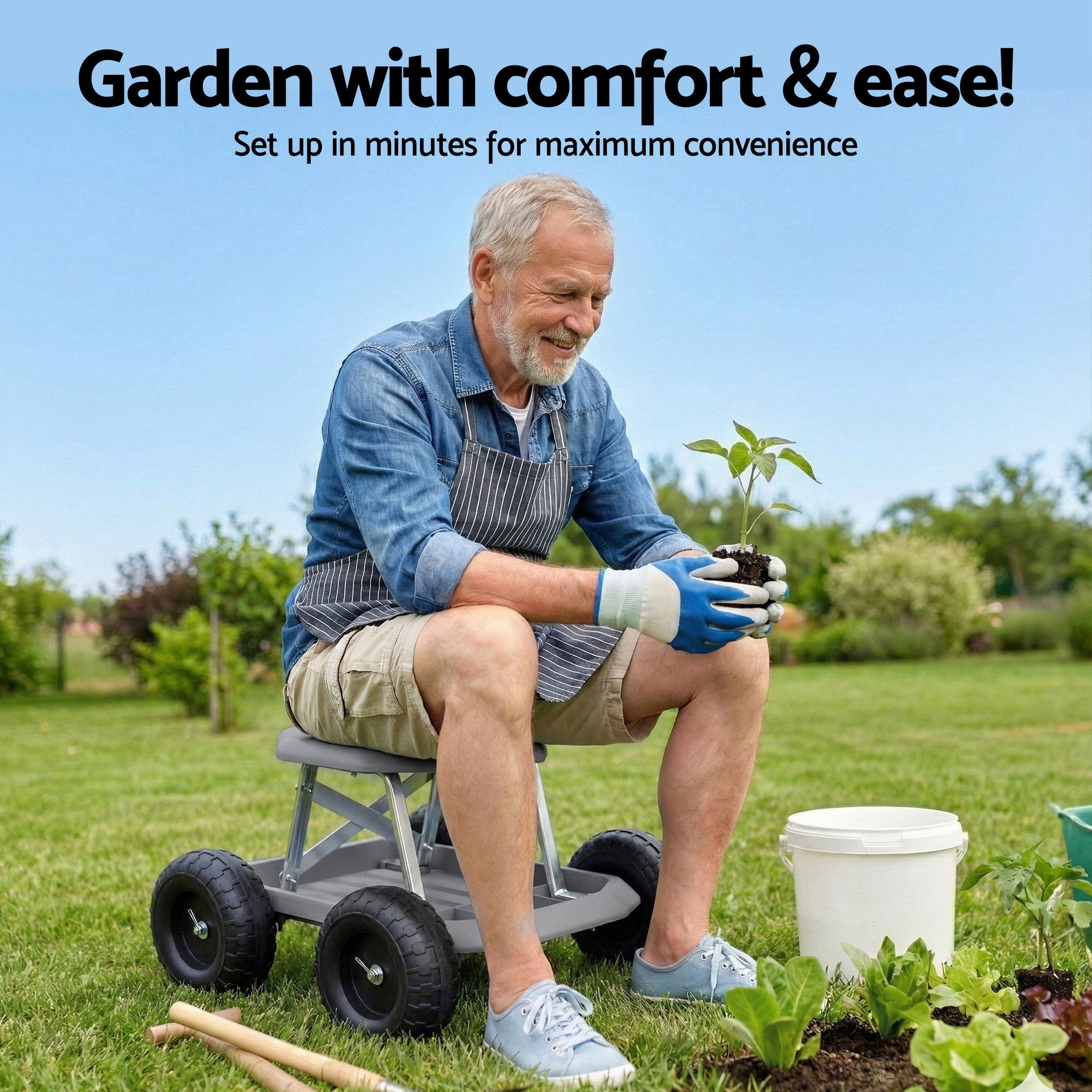 Gardeon Garden Cart Seat with Wheels, Rolling Work Stool with Tool Storage Tray, 440lbs (200kg) Heavy Duty Capacity Garden Stool for Outdoor Yard Work