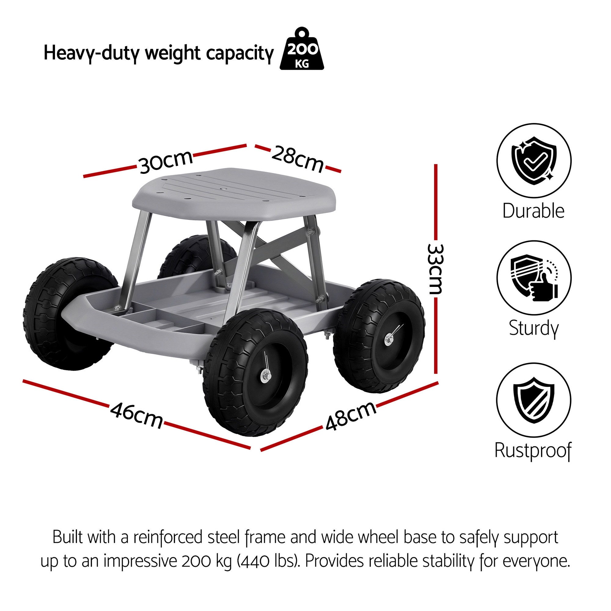 Gardeon Garden Cart Seat with Wheels, Rolling Work Stool with Tool Storage Tray, 440lbs (200kg) Heavy Duty Capacity Garden Stool for Outdoor Yard Work