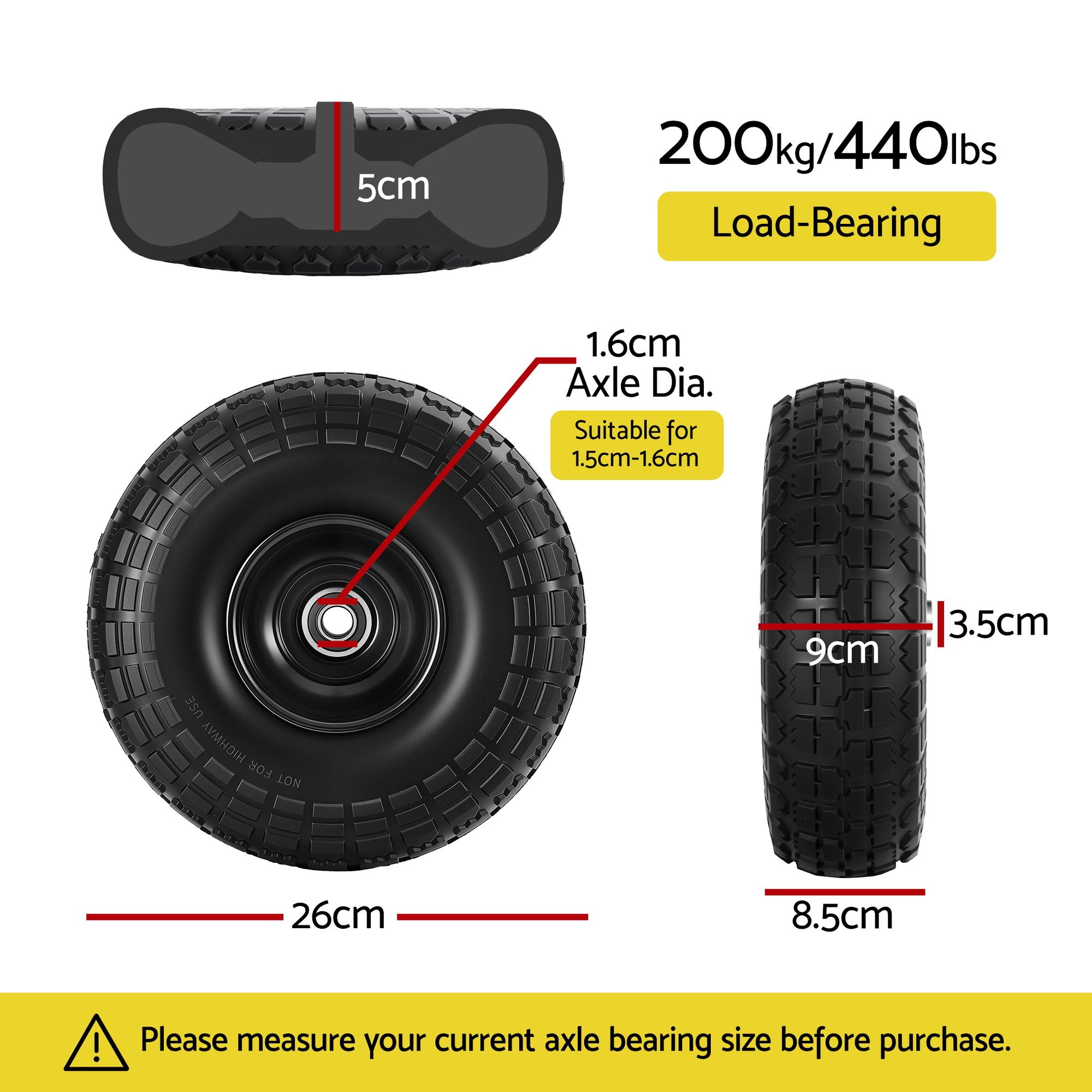 Gardeon 2pcs, 4.10/3.50-4 Tire And Wheel Flat Free, 26cm Solid Rubber Tires with 5/8 Axle Bore Hole And Double Sealed Bearings, Perfect for Wheelbarro