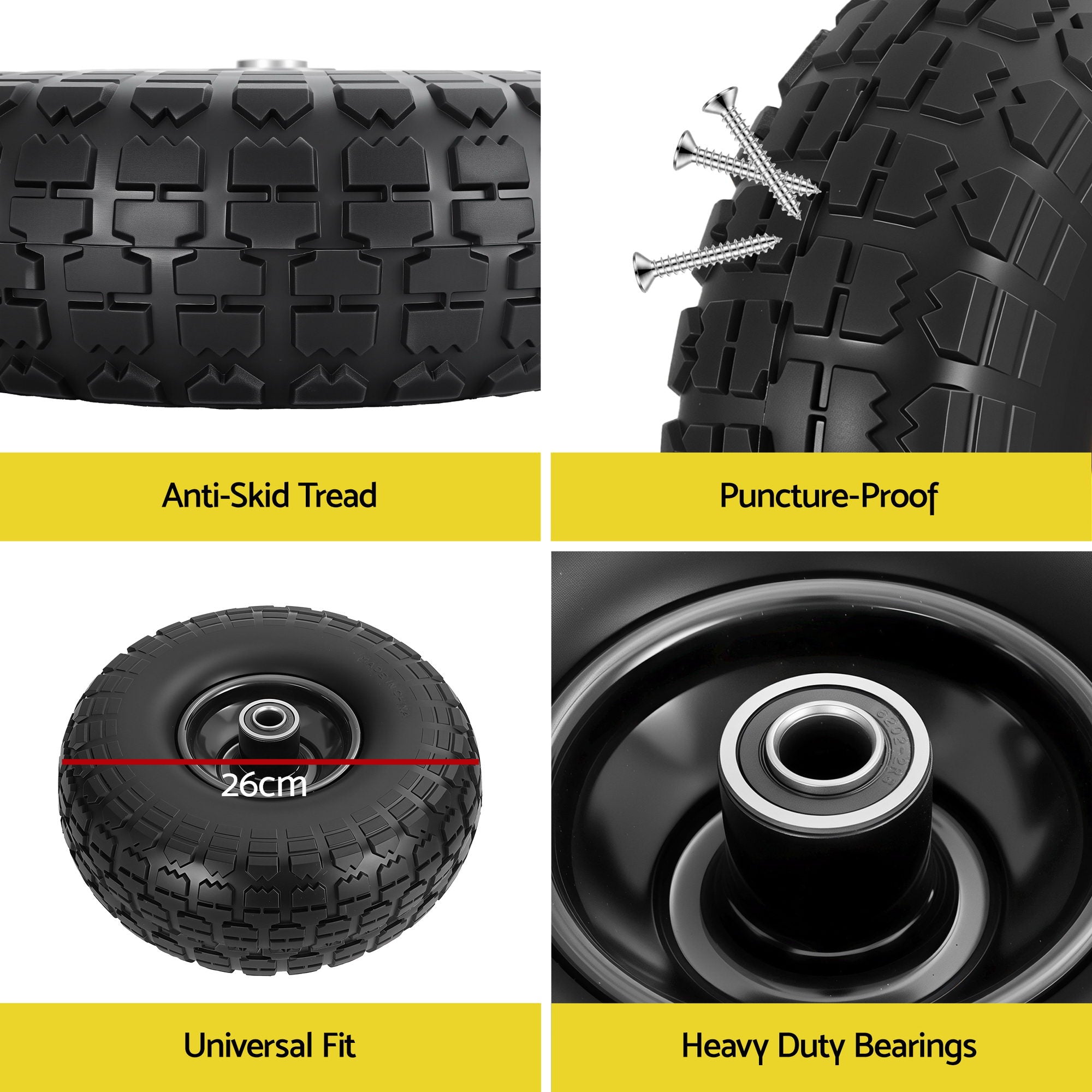 Gardeon 2pcs, 4.10/3.50-4 Tire And Wheel Flat Free, 26cm Solid Rubber Tires with 5/8 Axle Bore Hole And Double Sealed Bearings, Perfect for Wheelbarro