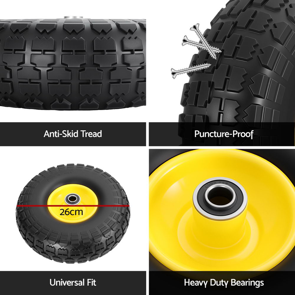 Gardeon 2pcs, 4.10/3.50-4 Tire And Wheel Flat Free, 26cm Solid Rubber Tires with 5/8 Axle Bore Hole And Double Sealed Bearings, Perfect for Wheelbarro