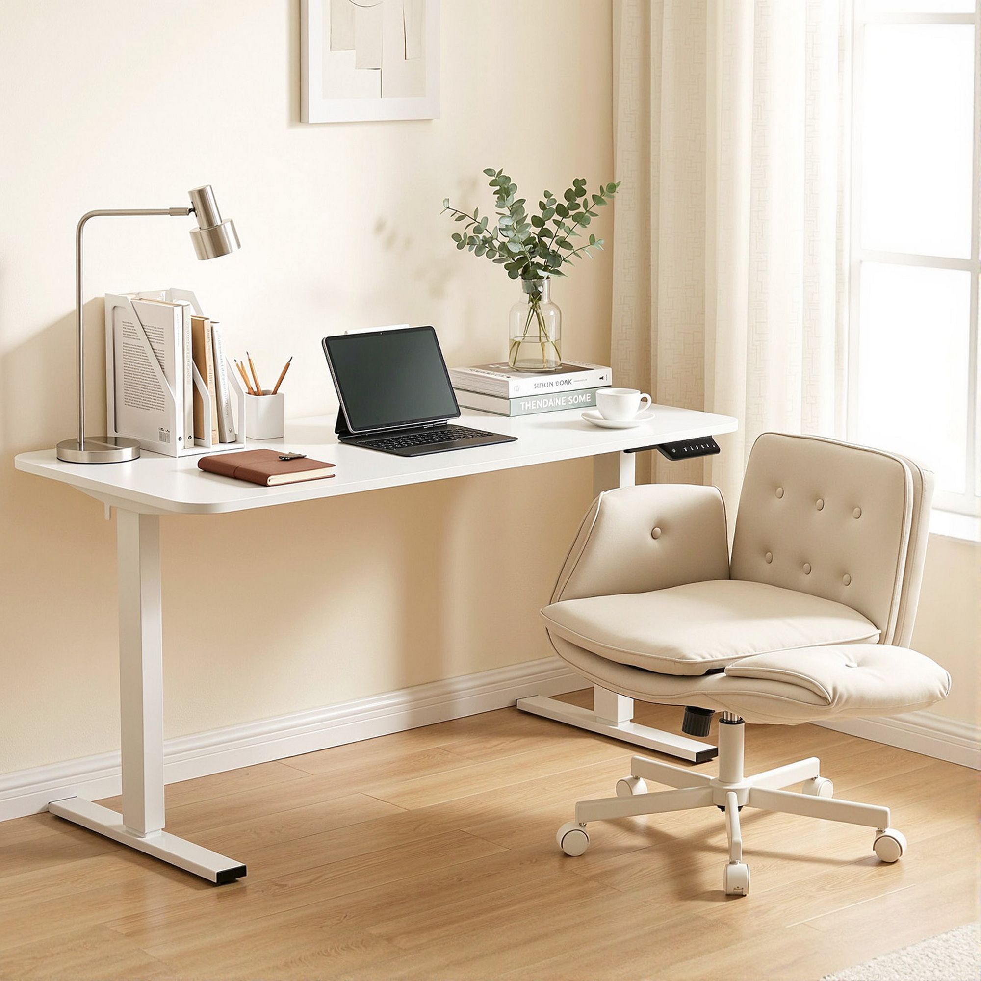 Artiss Criss Cross Chair with Wheels & Adjustable Armrests and Electric Standing Desk 140cm with Memory Presets, Ergonomic Cross Legged Chair and Office Desk Set