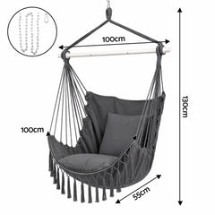 Gardeon Hammock Chair Camping Macrame Hanging Swing Cushions Metal Bar Grey