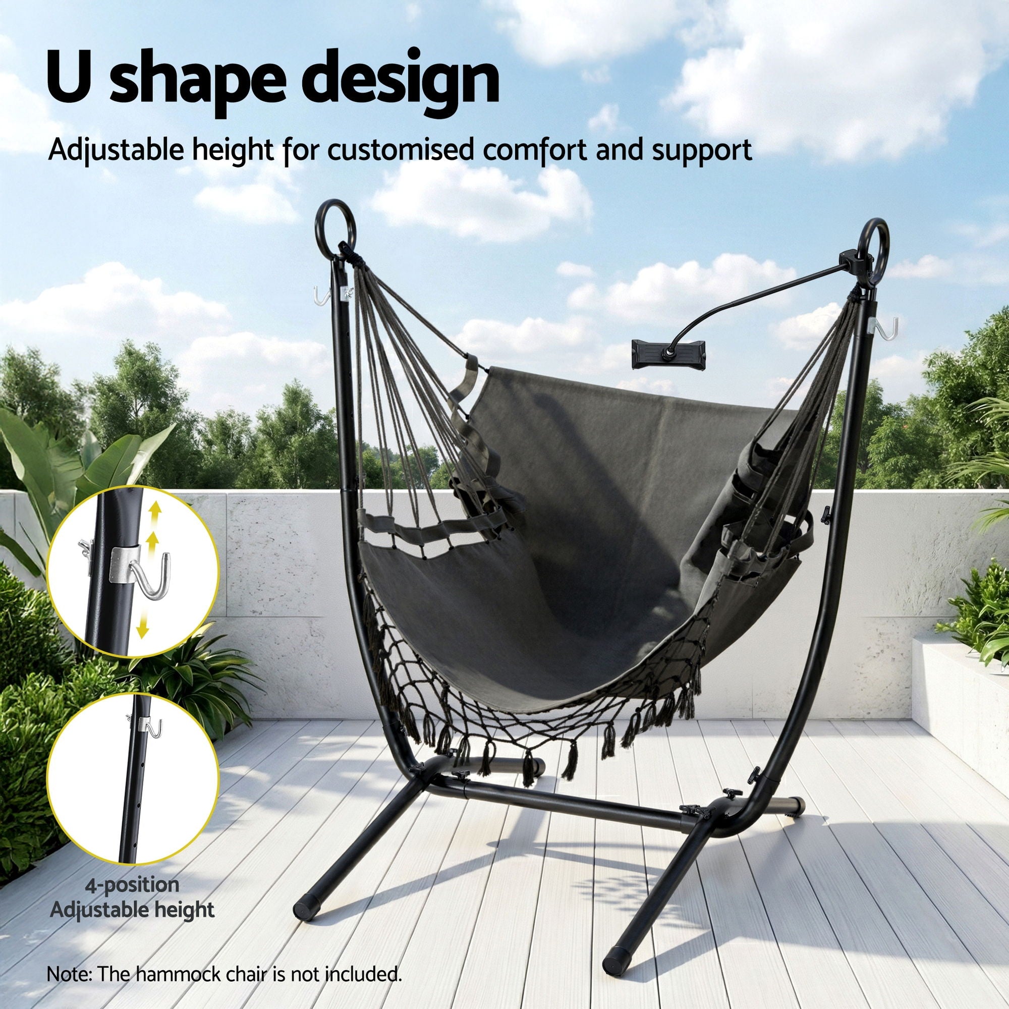 Gardeon Hammock Chair Stand Iron Frame w/Phone Holder Black