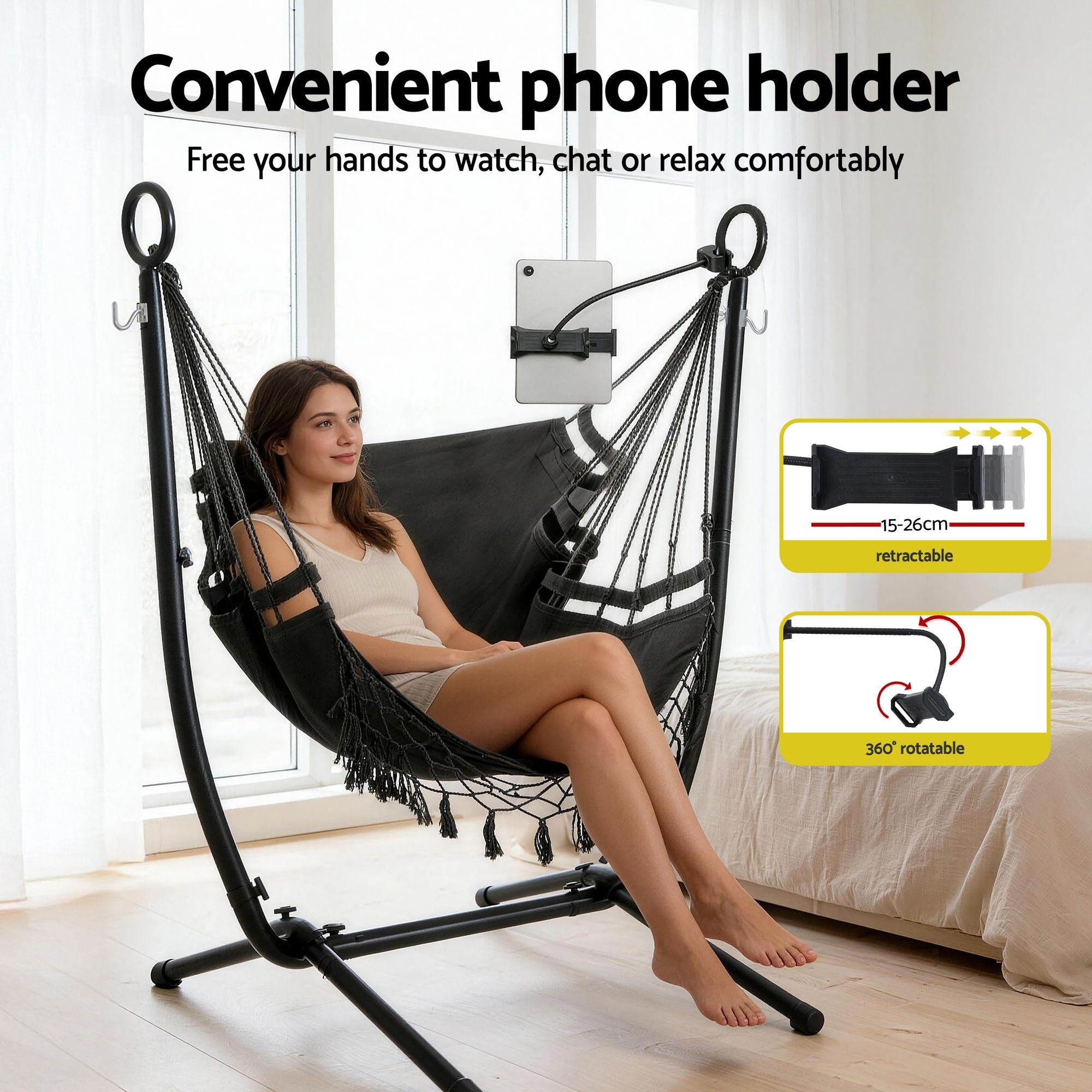 Gardeon Hammock Chair Stand Iron Frame w/Phone Holder Black