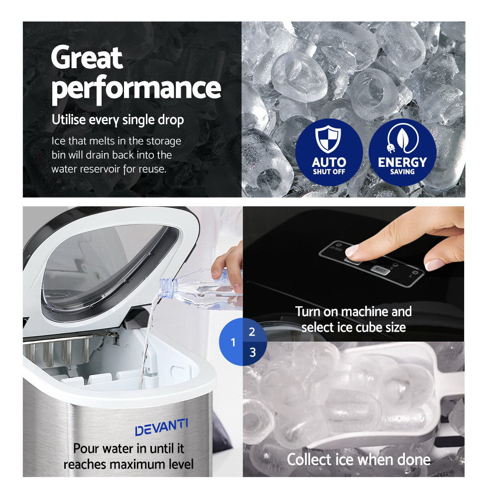 Devanti Ice Maker Machine Commercial Portable Ice Cube Nugget Tray Stainless Steel 2.4L