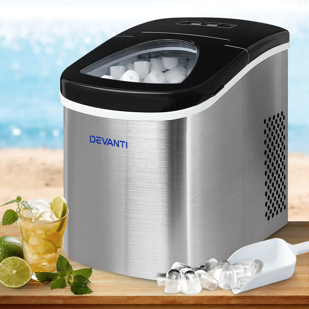 Devanti Ice Maker Machine Commercial Portable Ice Cube Nugget Tray Stainless Steel 2.4L
