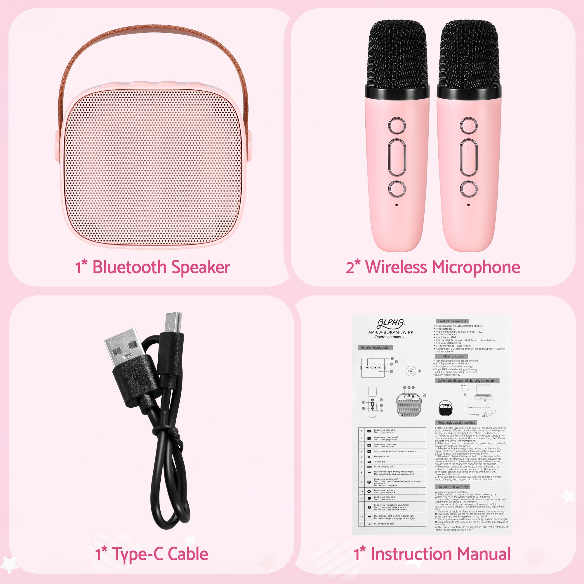 Alpha Mini Portable Karaoke Machine for Adults Kids with 2 Wireless Microphones - Free Delivery