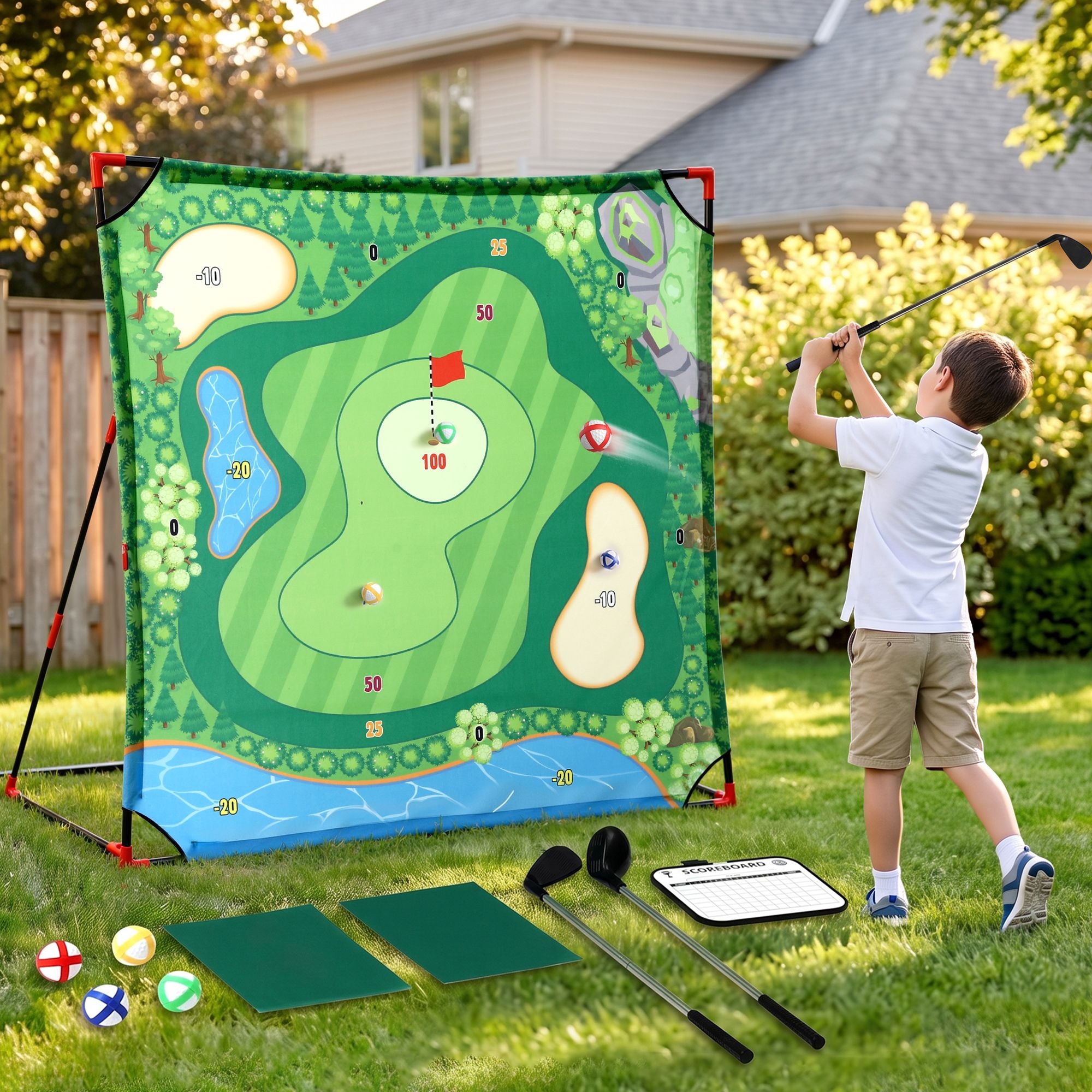Keezi Kids Golf Chipping Game Set with Stand, 24 Sticky Balls, Adjustable Club & 2 Hitting Mats for Indoor Outdoor Ages 3-12 Play