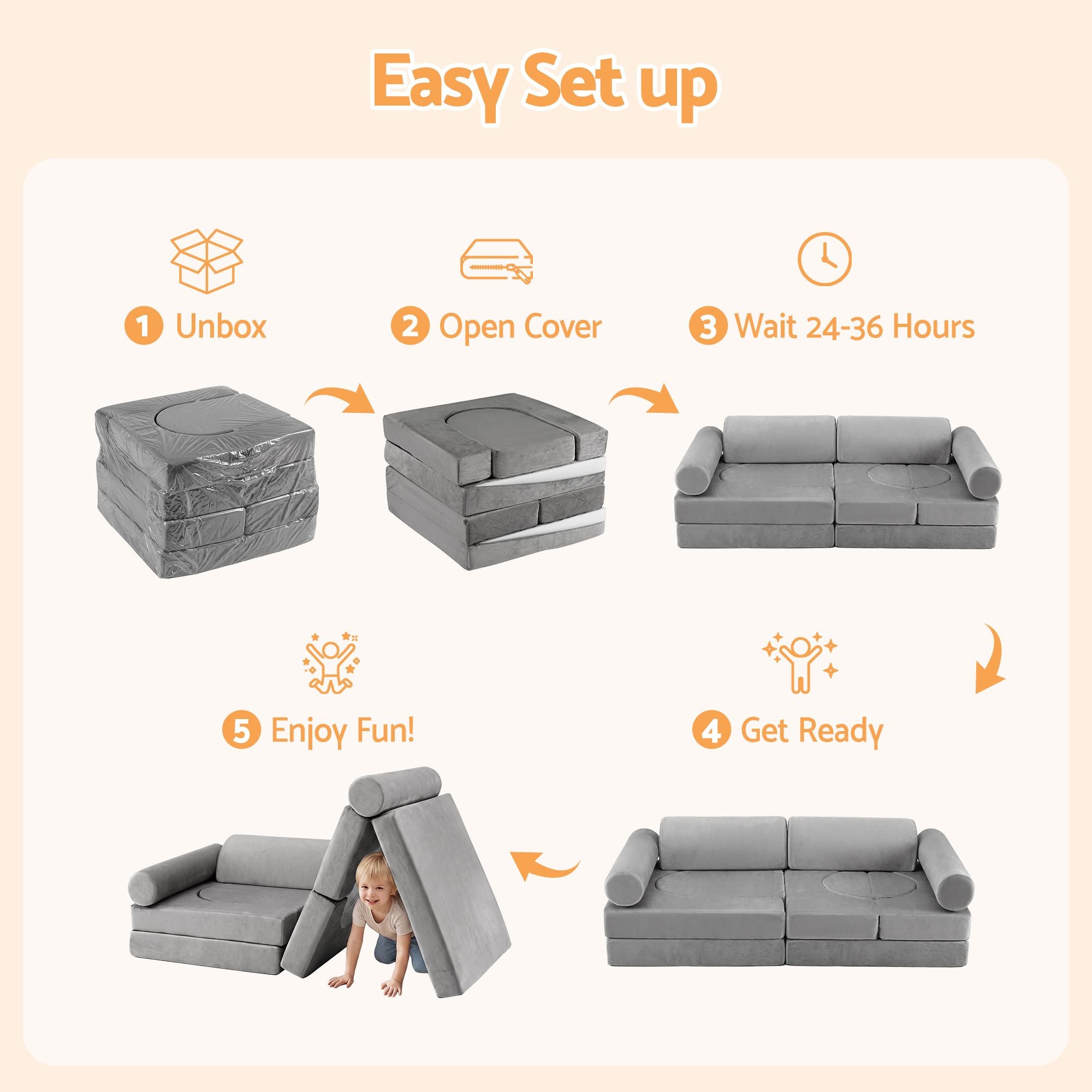 Keezi 12PCS Modular Kids Play Couch Foam Sofa Set with Removable Washable Cover Grey Playroom
